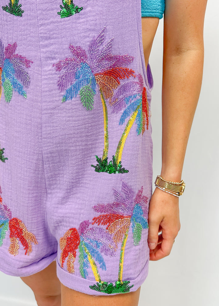 Queen of Sparkles Purple Gauze Palm Tree Tie Romper - Gabrielle's Biloxi