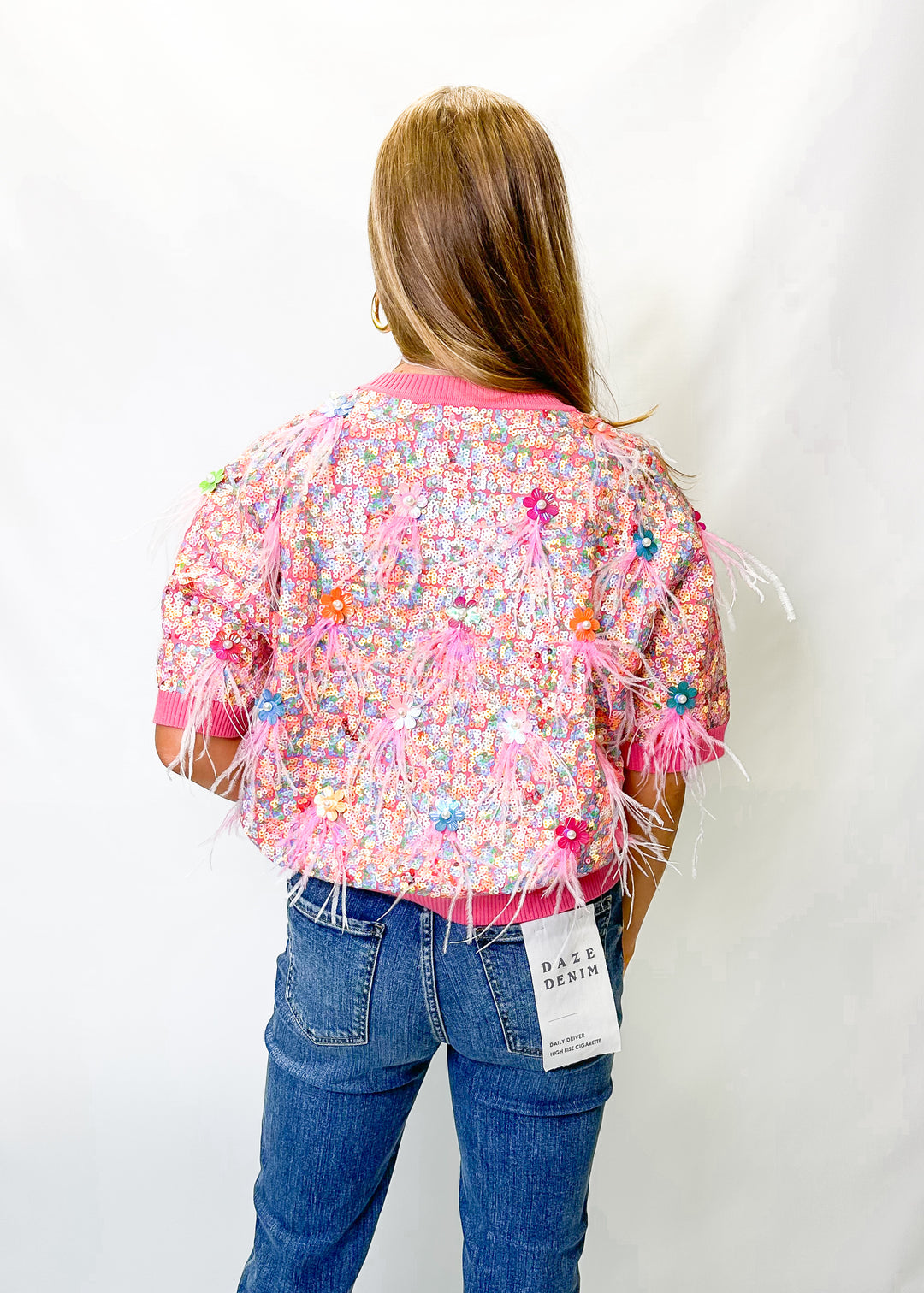Queen of Sparkles Pink Multi Sequin Feather Sweater Top - Gabrielle's Biloxi