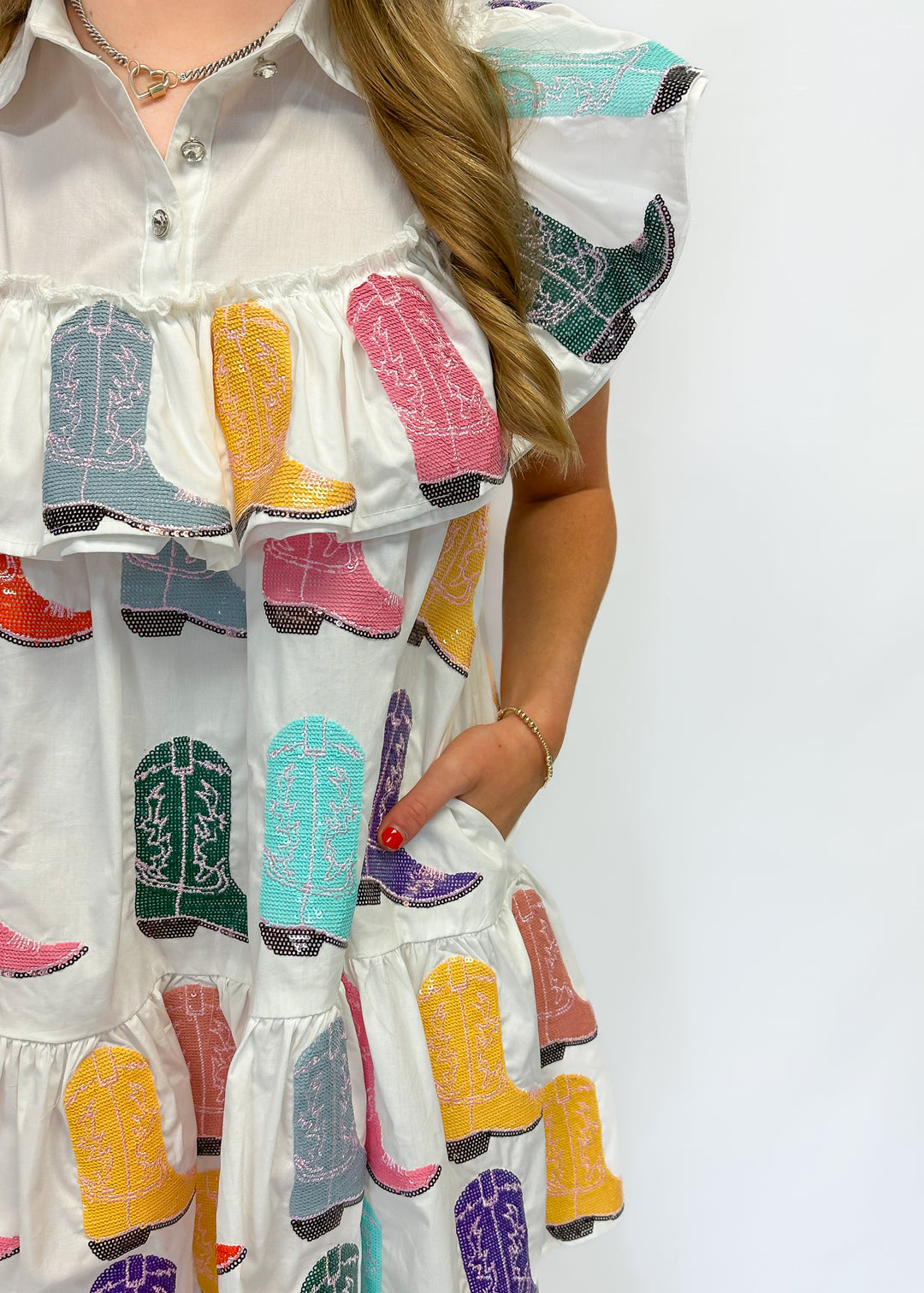 Queen of Sparkles White Ruffle Cowboy Boot Dress - Gabrielle's Biloxi
