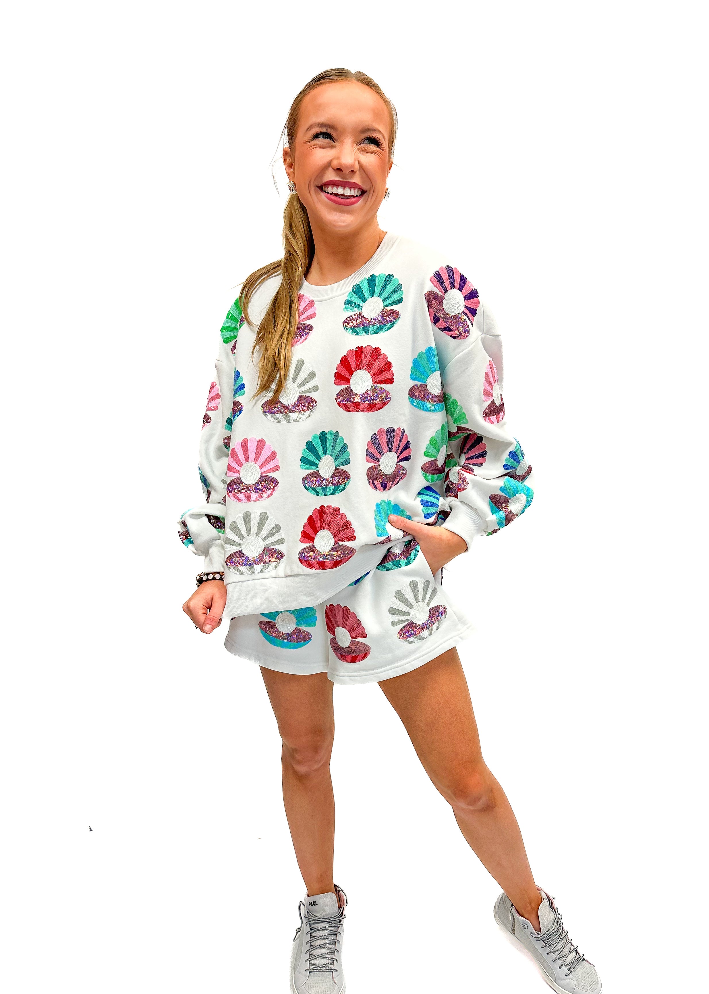 Queen of Sparkles White Clam Shell Multi Shorts - Gabrielle's Biloxi