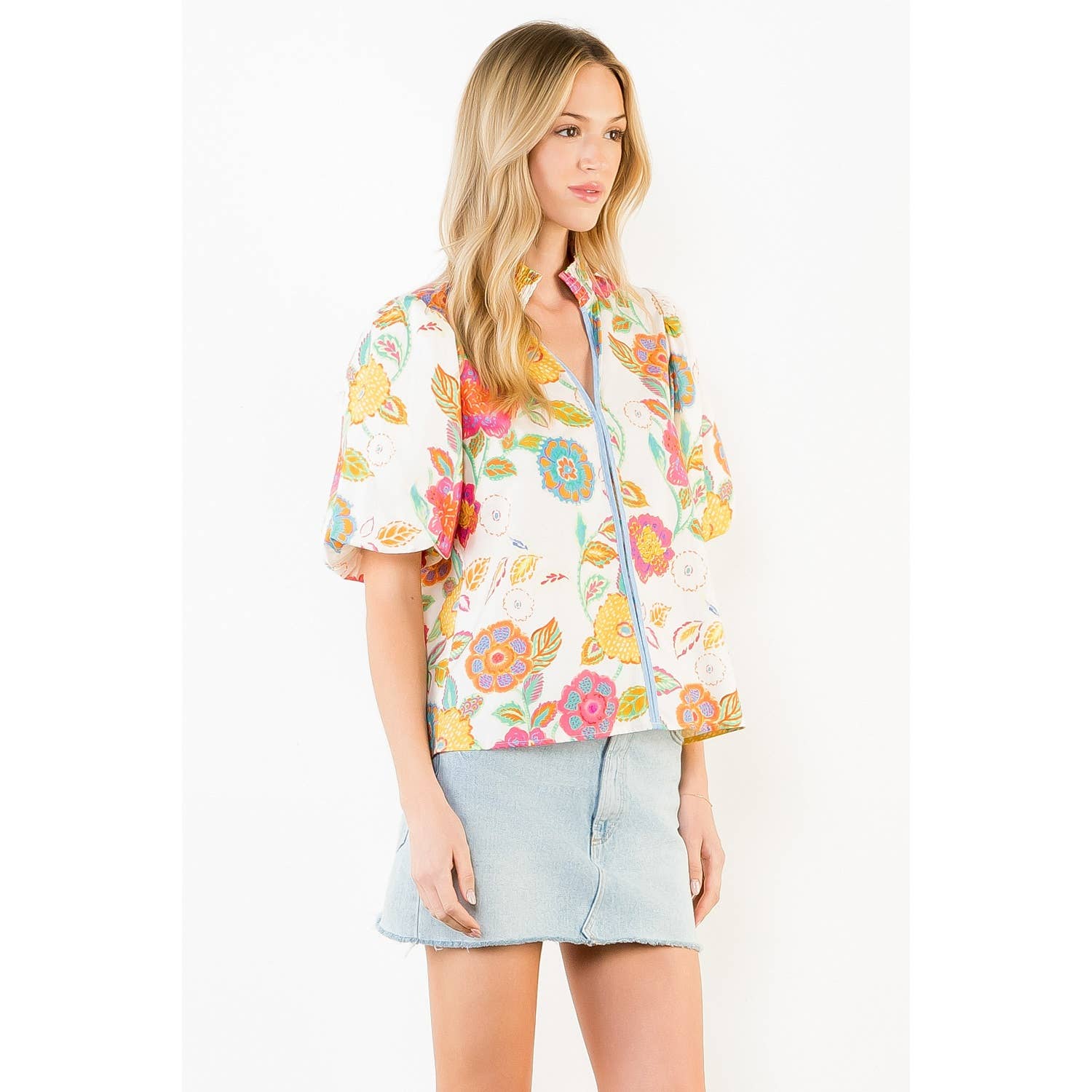 Puff Sleeve Floral Pattern V-Neck Top - Gabrielle's Biloxi