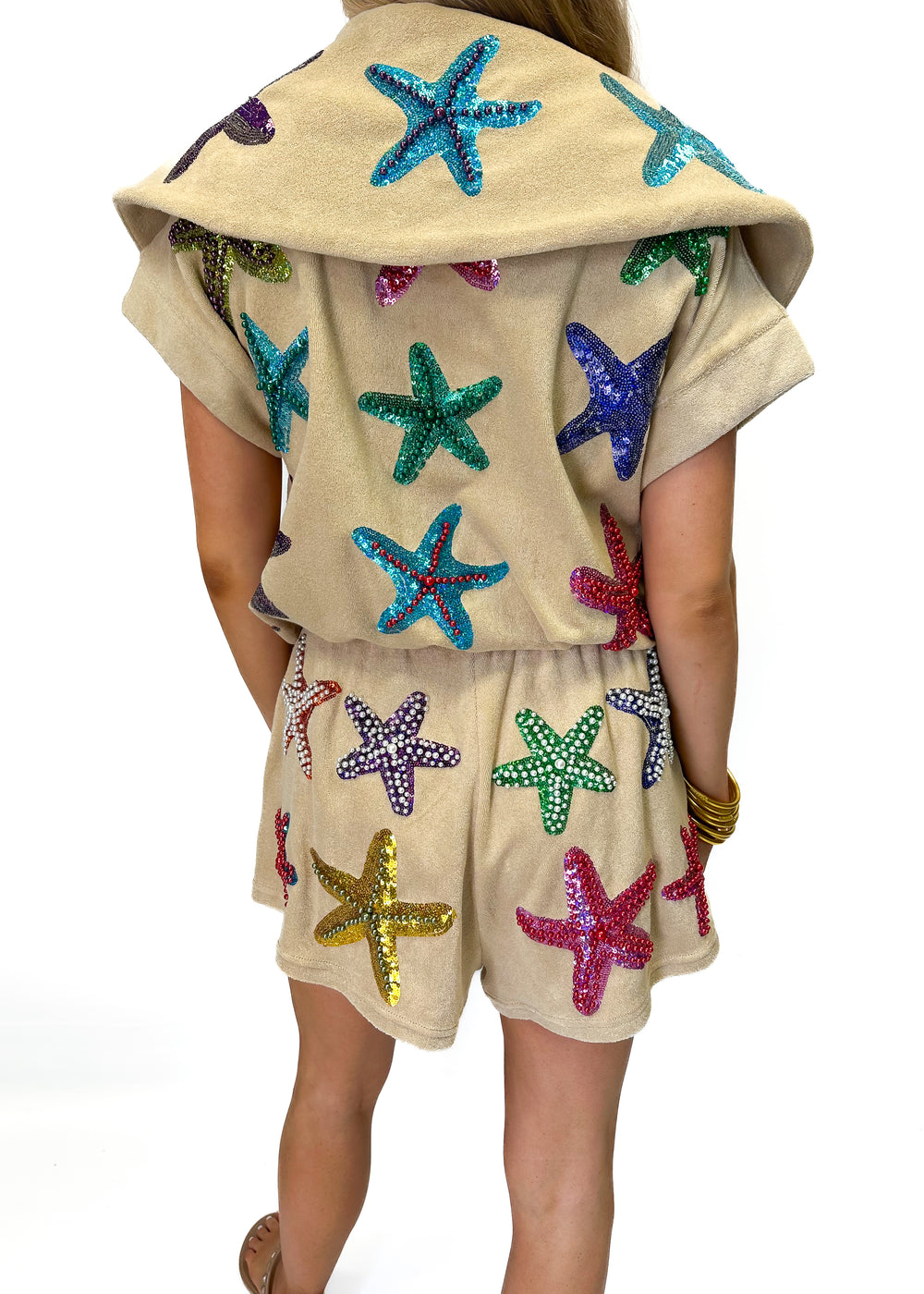 Queen of Sparkles Beige Terry Cloth Beaded Starfish ZIP Collar Top –  Gabrielle's Biloxi