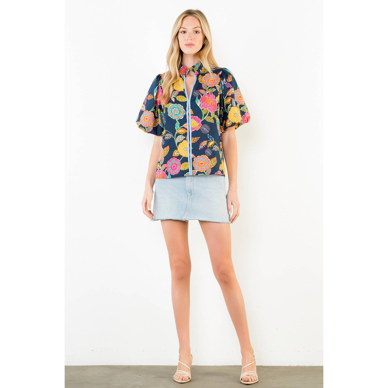 Puff Sleeve Floral Pattern V-Neck Top - Gabrielle's Biloxi