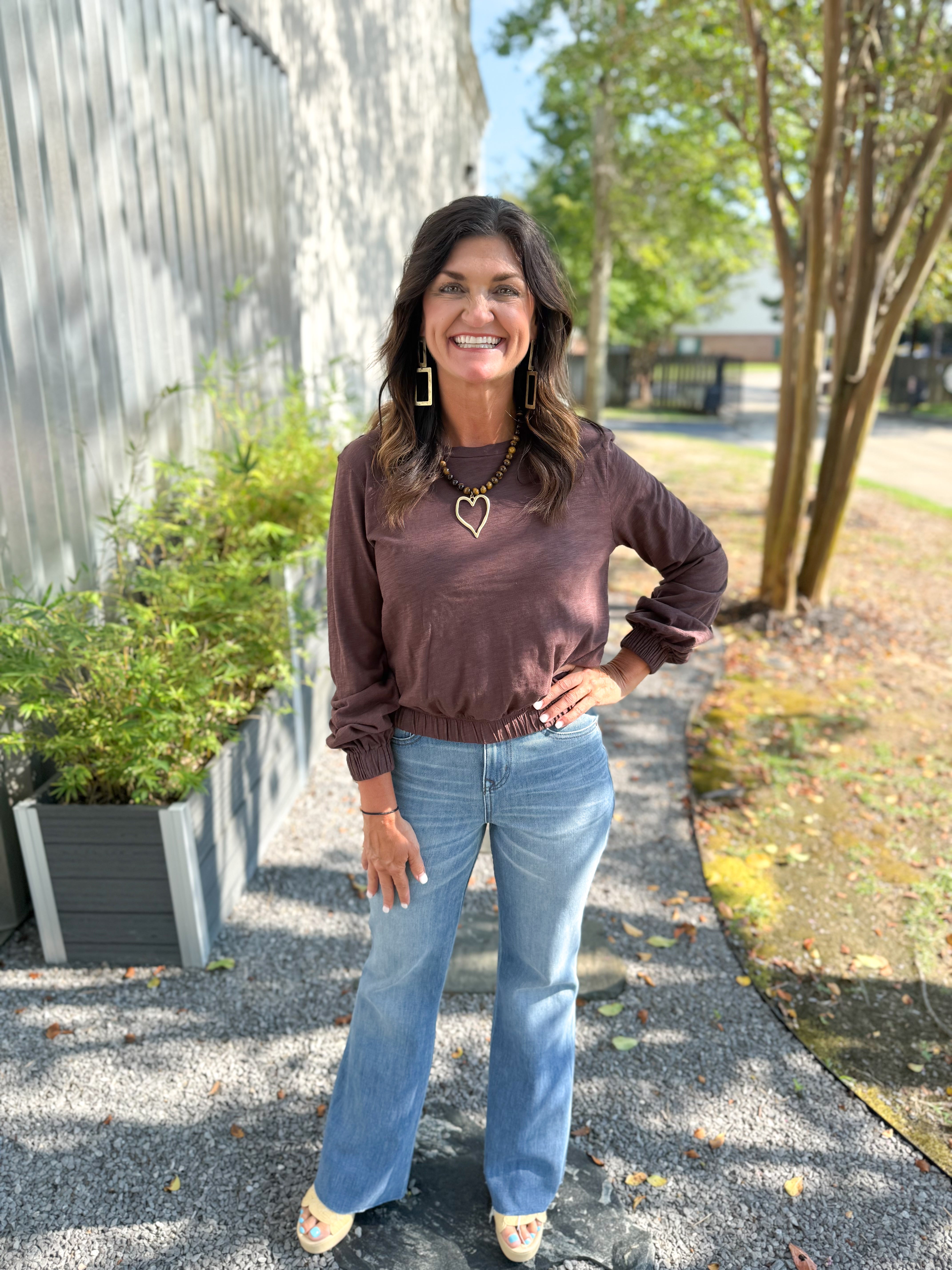 Bobi Long Sleeve Elastic Hem Tee - Umber - Gabrielle's Biloxi