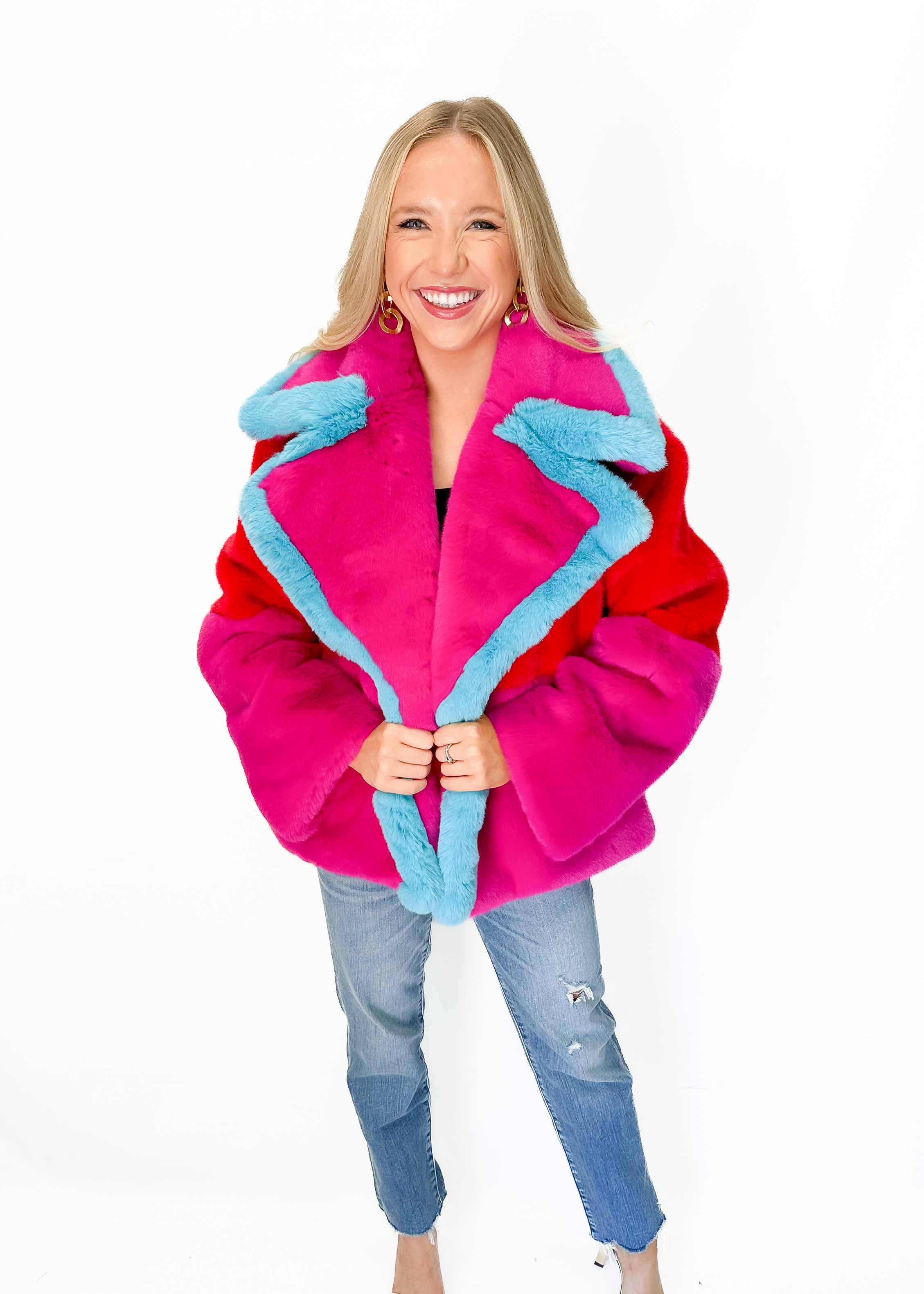 Jayley Faux Fur Gigi Patchwork Cropped Coat - Red - Gabrielle's Biloxi