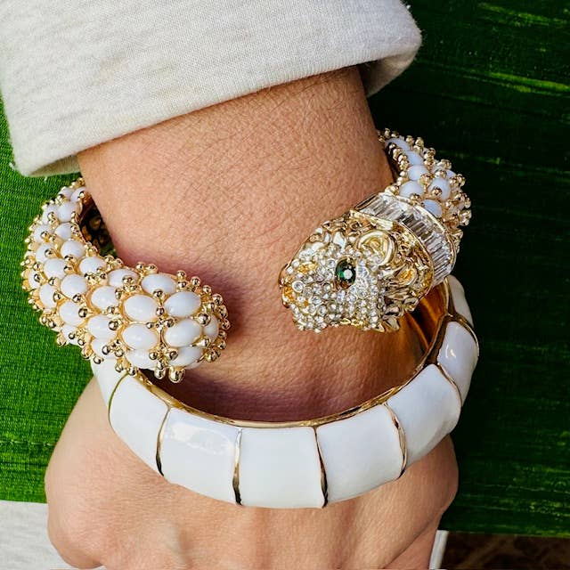 Beaded Leopard Hinged Bracelet in White - Gabrielle's Biloxi