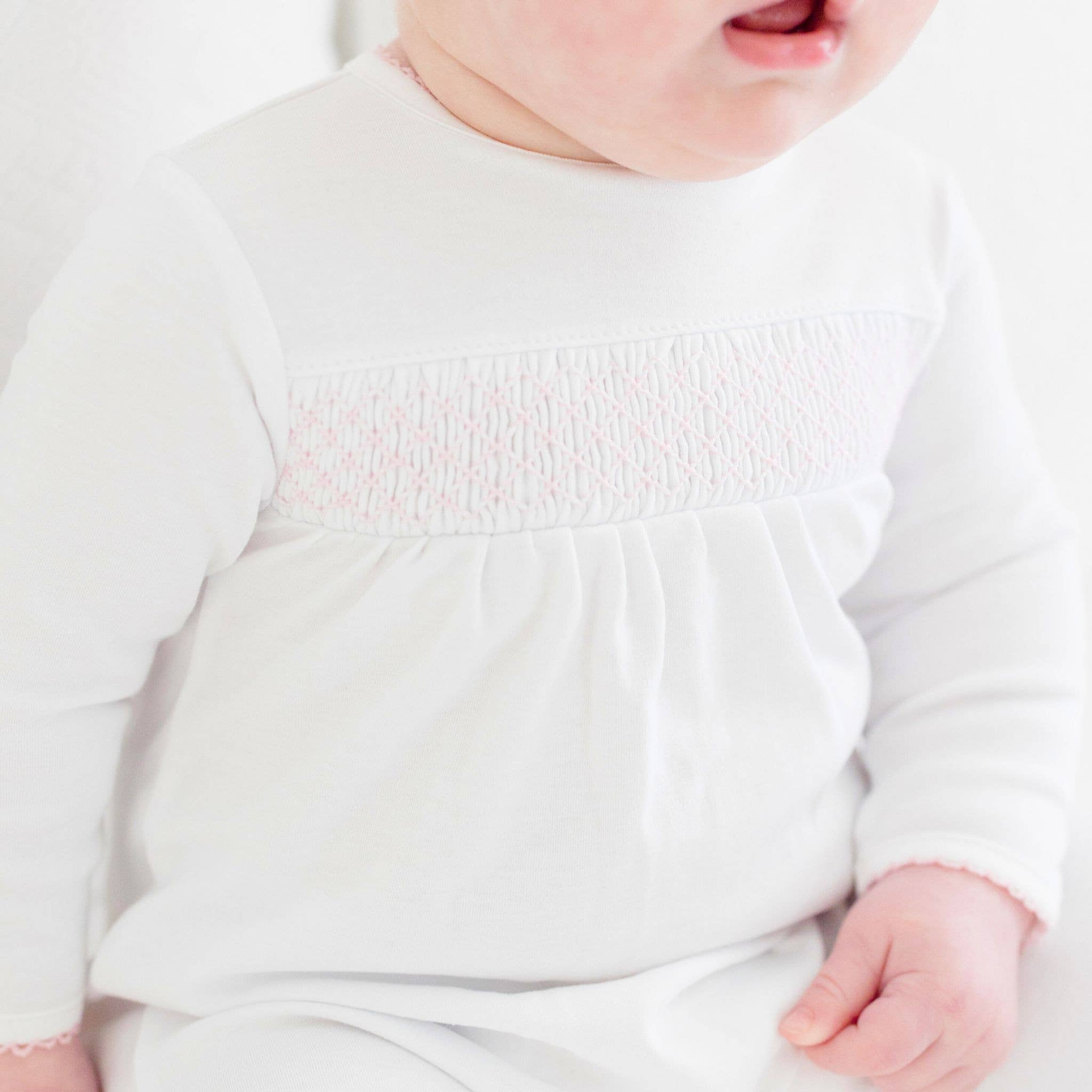 Essentials White with Pink Trim Smocked Footie - Gabrielle's Biloxi