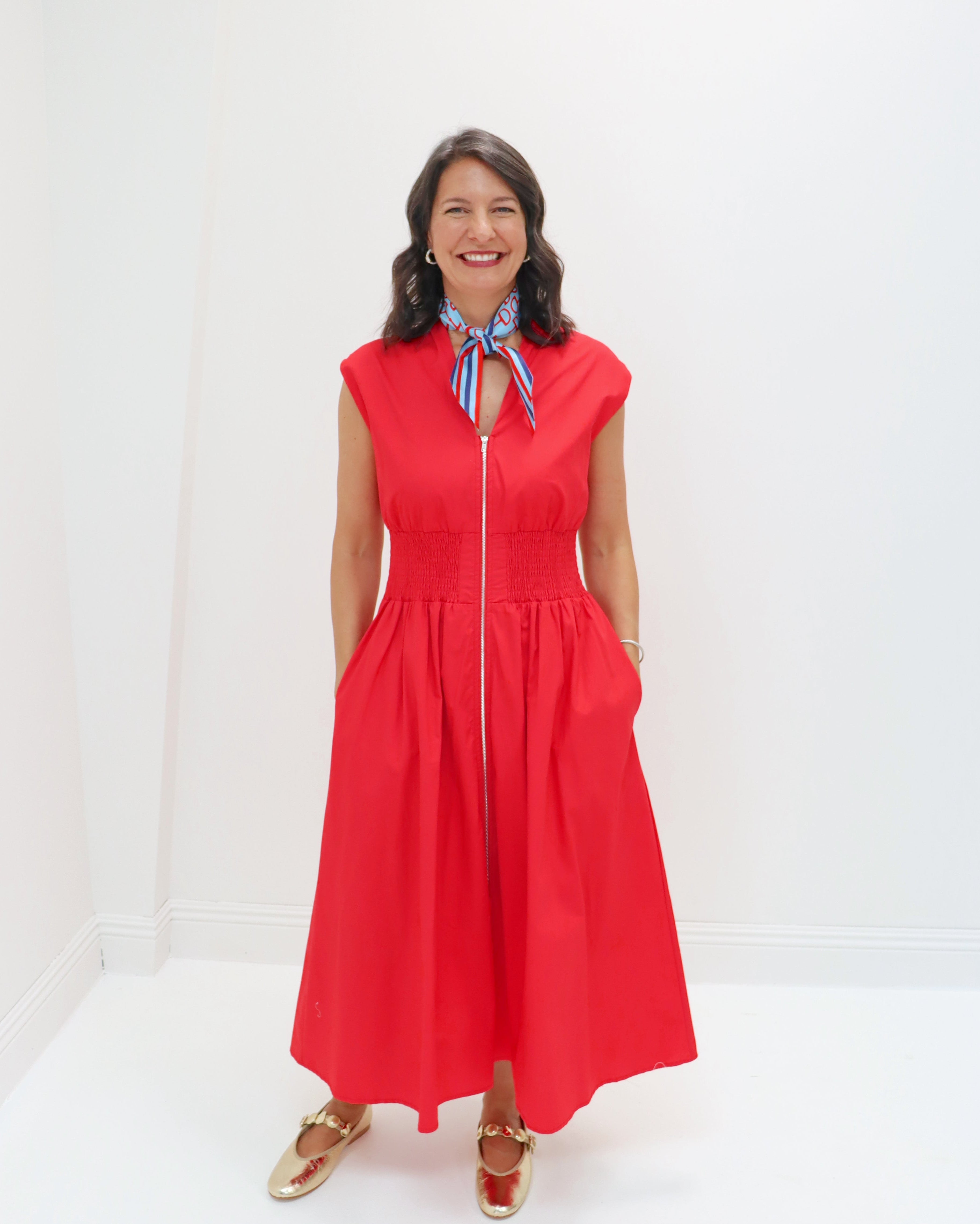 Red Cinched Waist Midi Dress