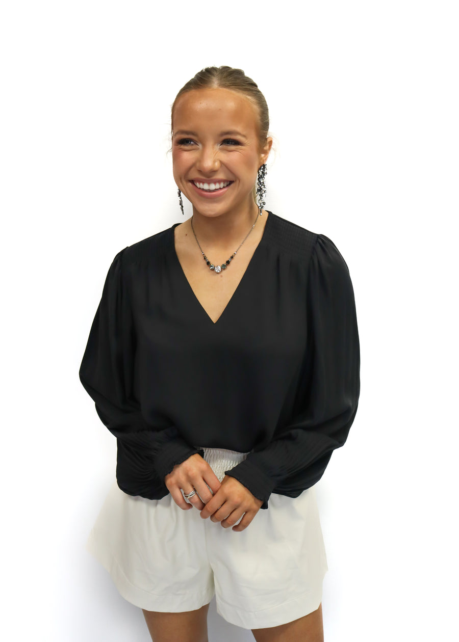 LBLOX V-Neck Pleated Sleeve Top - Black - Gabrielle's Biloxi