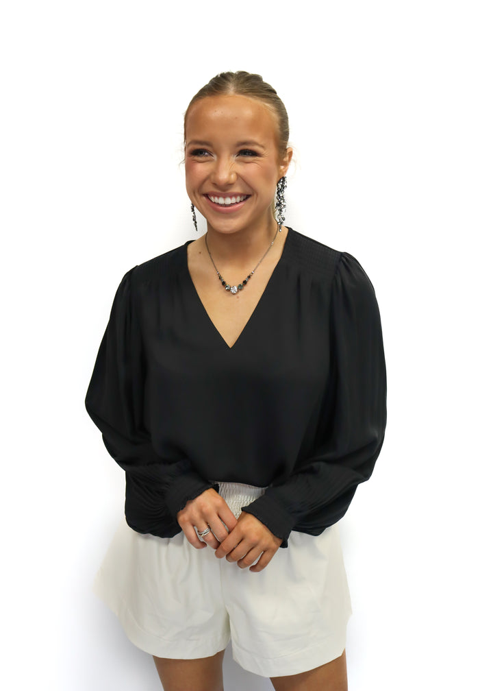 LBLOX V-Neck Pleated Sleeve Top - Black - Gabrielle's Biloxi