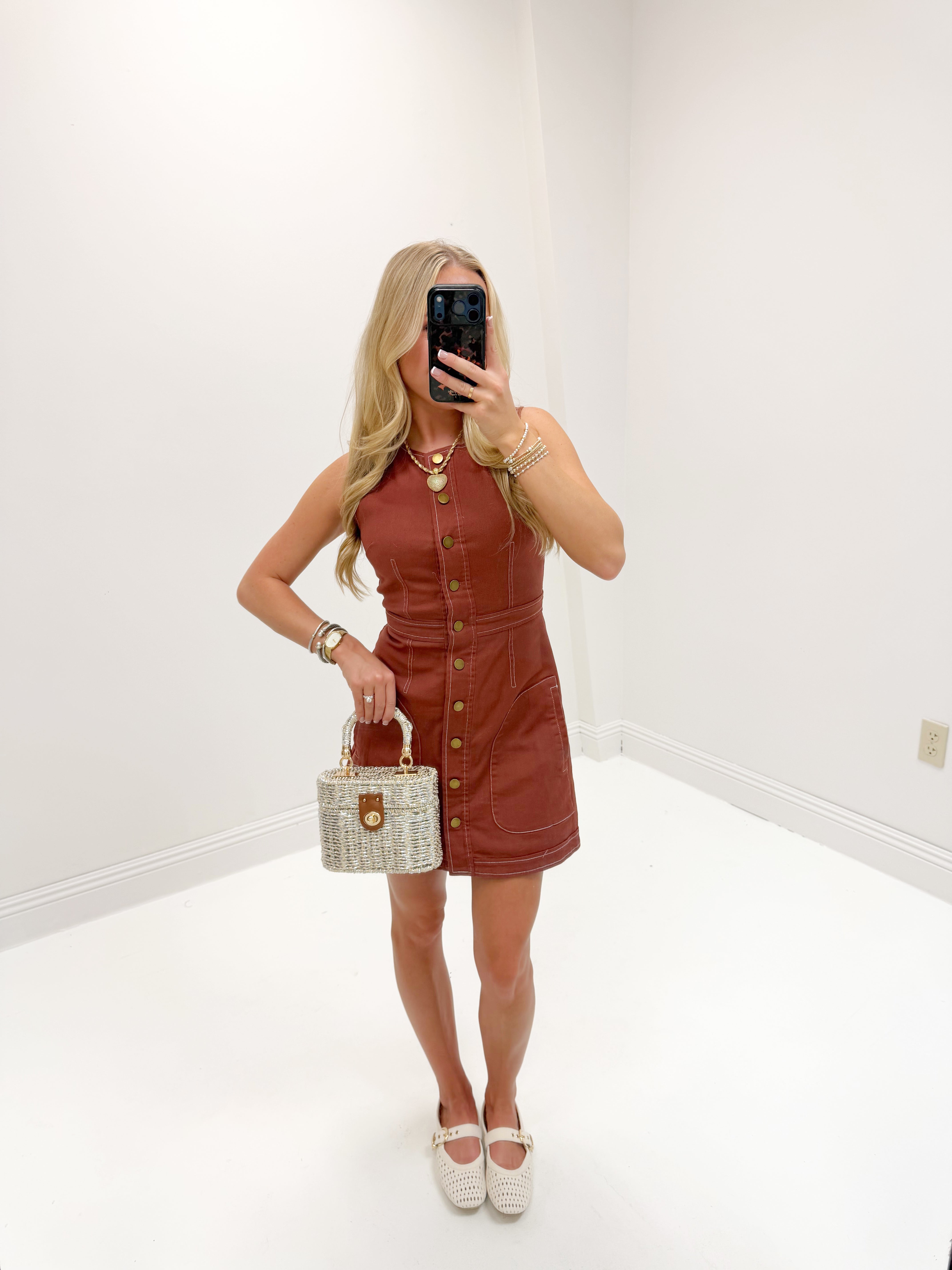 Button Down Sleeveless Dress - auburn