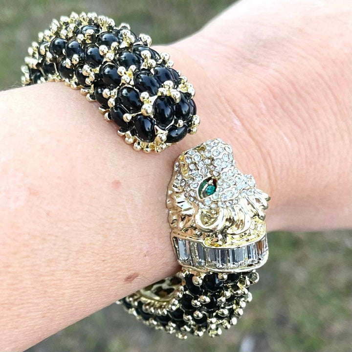 Beaded Leopard Hinged Bracelet in Black - Gabrielle's Biloxi