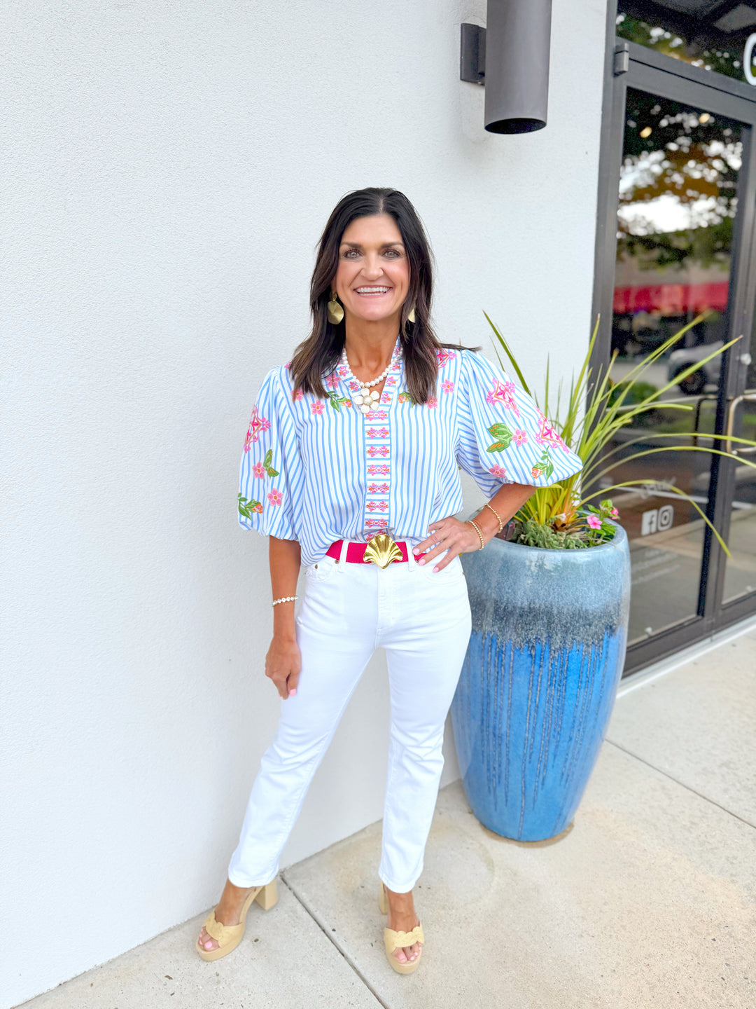Striped Embroidery Detailed V-Neck Top - Blue