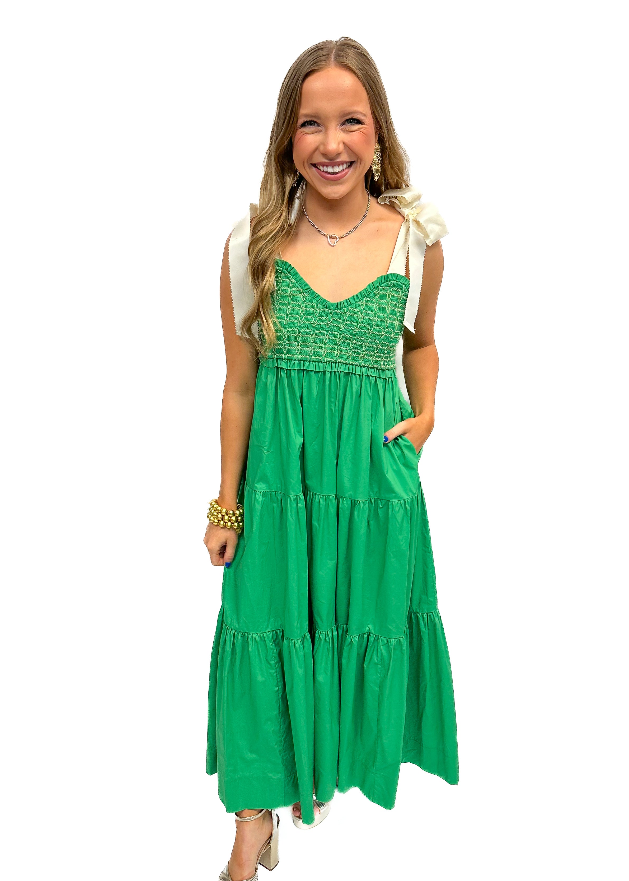 Tiered Smocked Maxi Dress - Green - Gabrielle's Biloxi