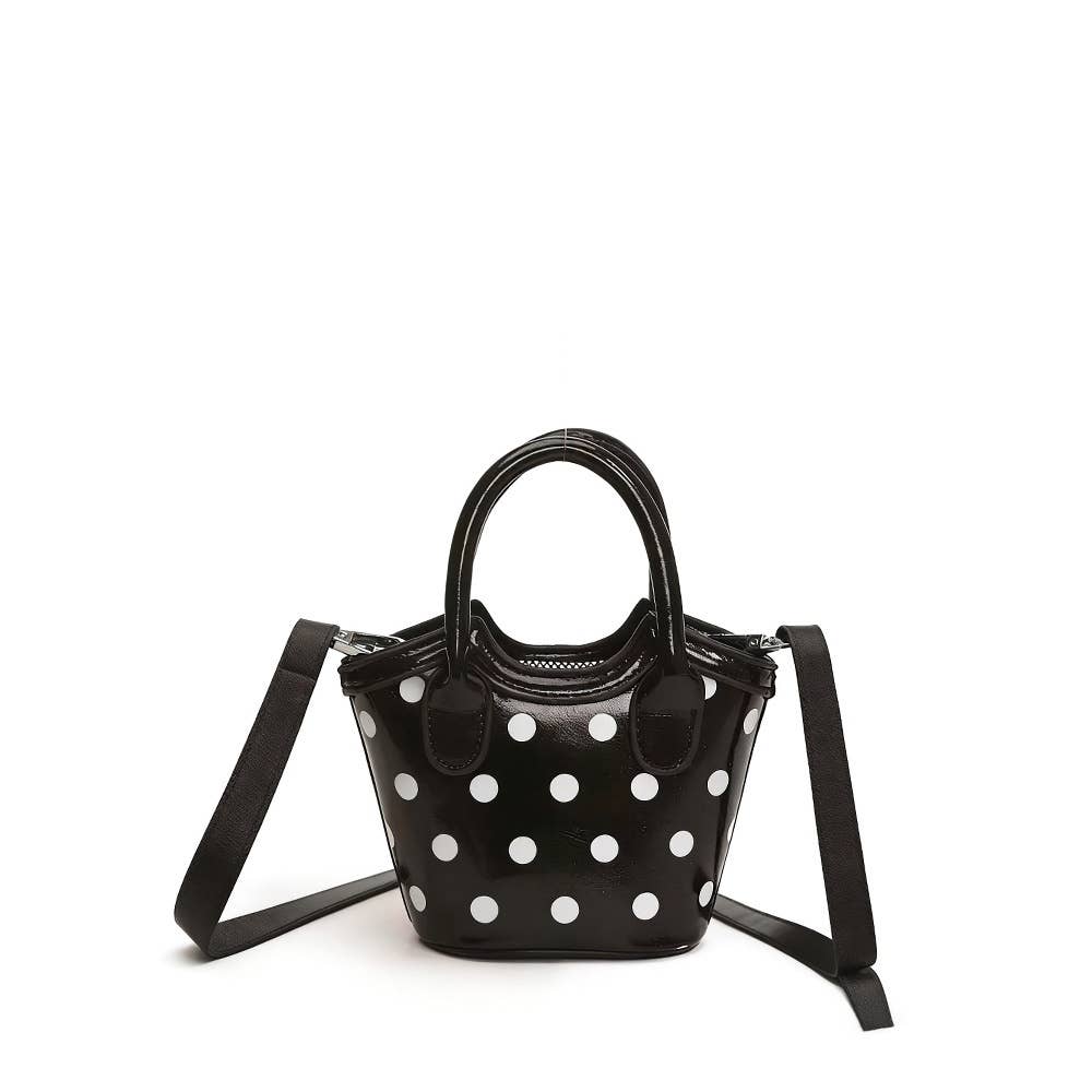 Polka Dot Patent Mini Bucket Tote - Black