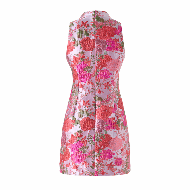 Elegant Floral Jacquard Embroidered Mini Dress - Pink