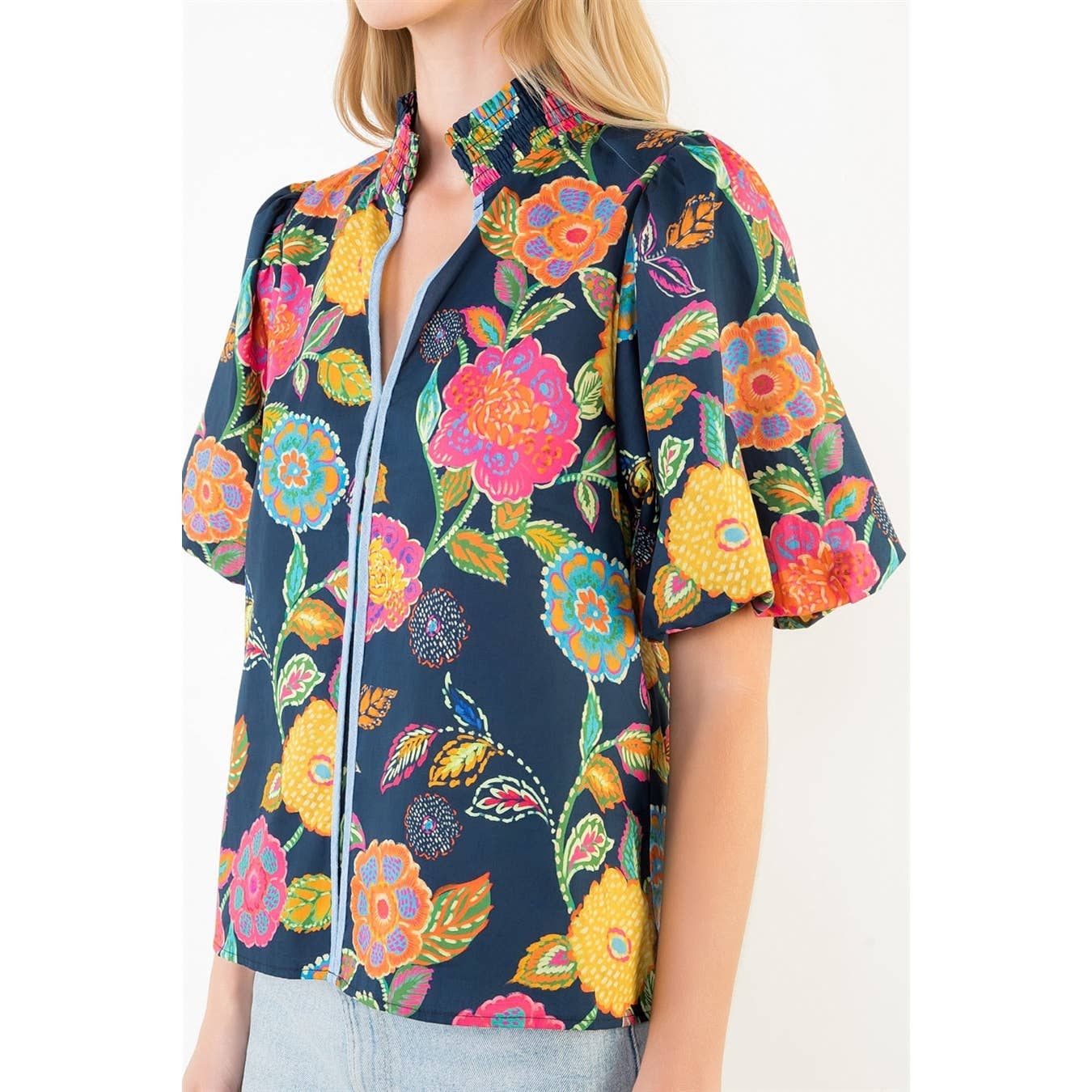 Puff Sleeve Floral Pattern V-Neck Top - Gabrielle's Biloxi