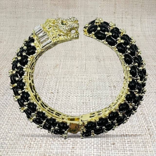 Beaded Leopard Hinged Bracelet in Black - Gabrielle's Biloxi