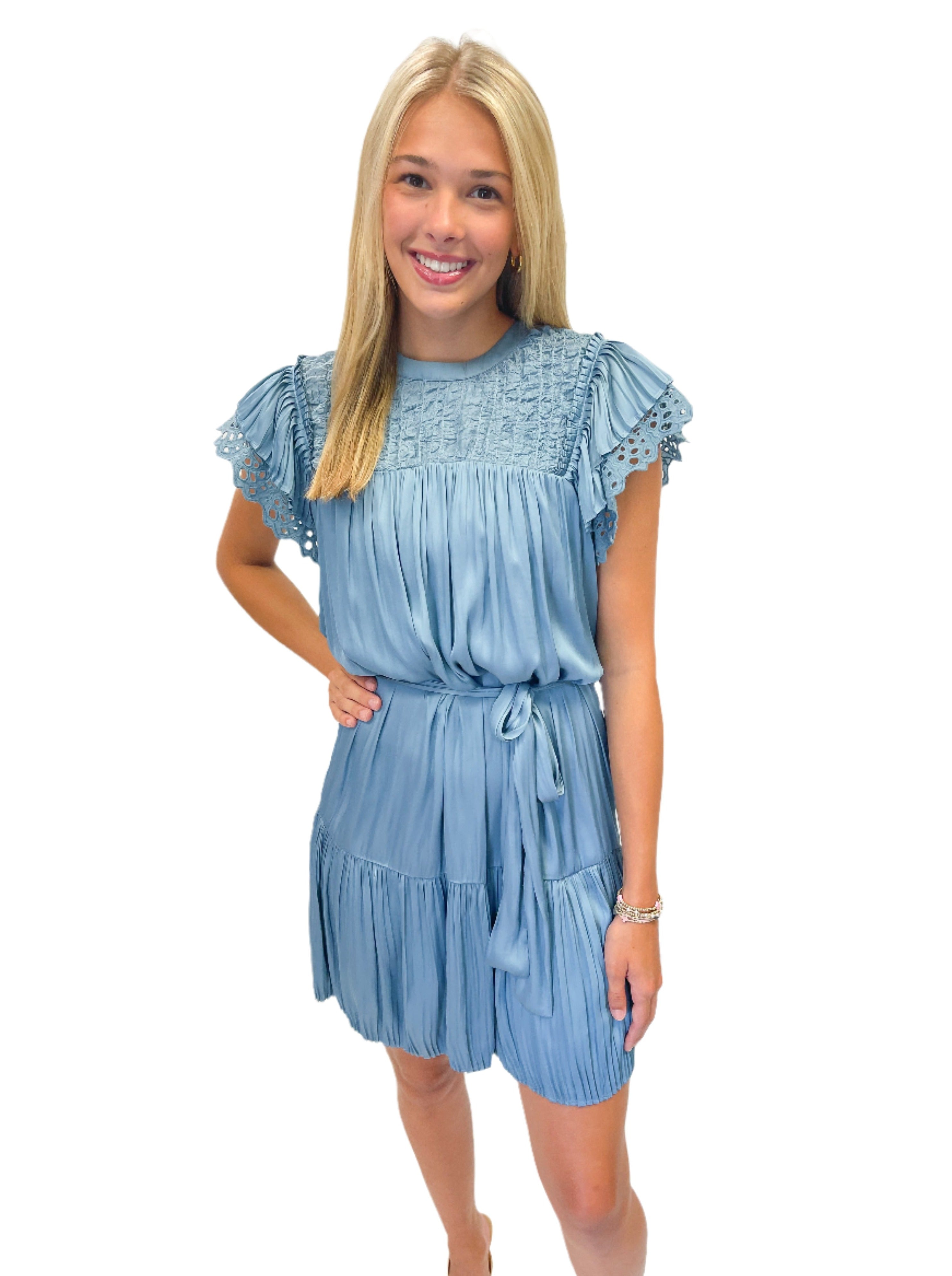 LBLOX Detailed Dress with Tie - Dusty Blue - Gabrielle's Biloxi