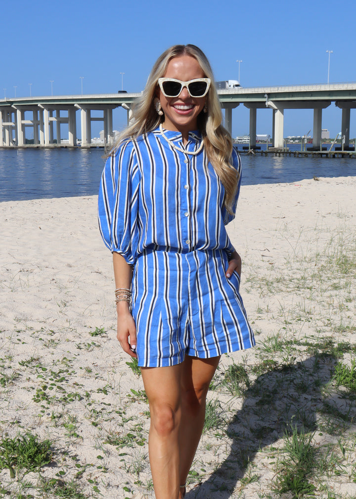 Lanhtophy Frida Linen Shorts - Blue Ivy Stripes - Gabrielle's Biloxi