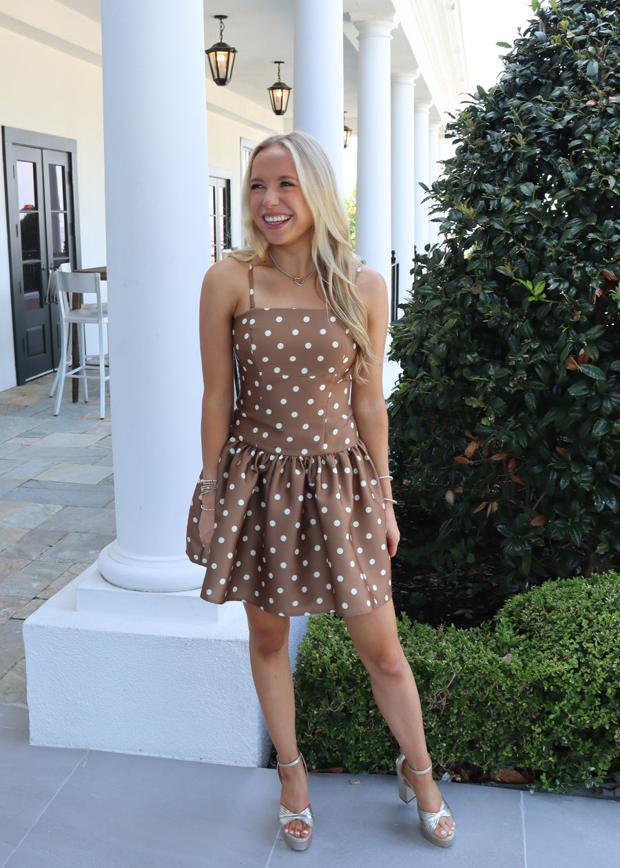 French Connection Structured Taffeta Polka Dot Dress - Cafe Brown/Cream - 6 French Connection Structured Taffeta Polka Dot Dress - Cafe Brown/Cream - 6