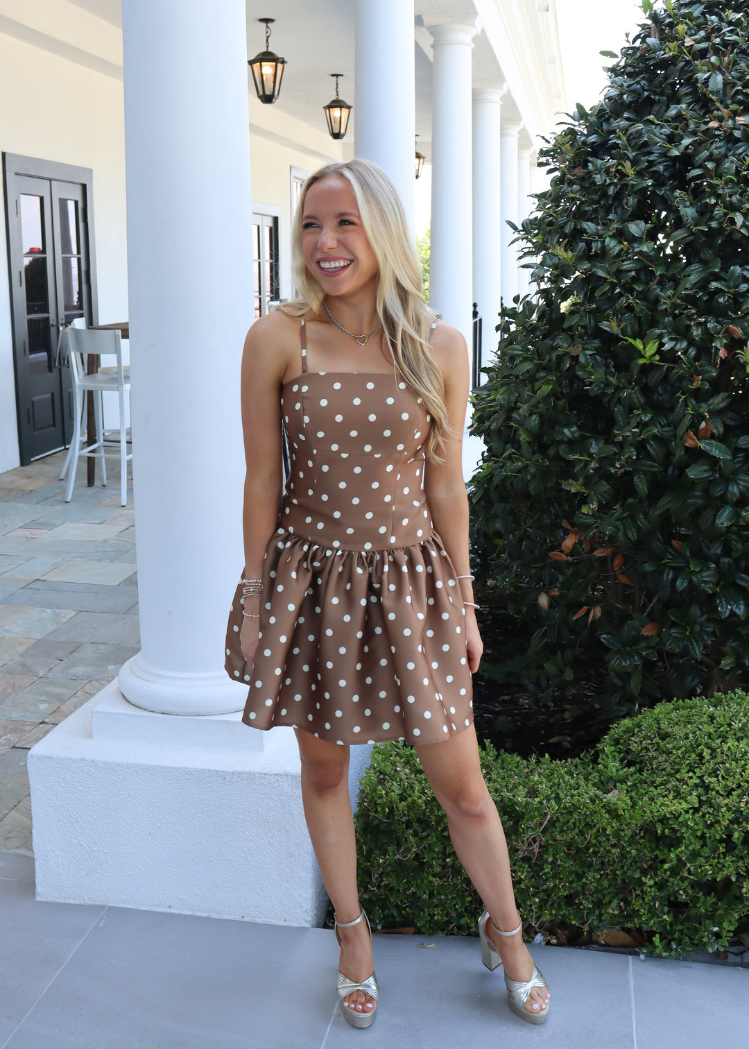 French Connection Taffeta Polka Dot Dress - Cafe Brown/Porcelain Cream - Gabrielle's Biloxi