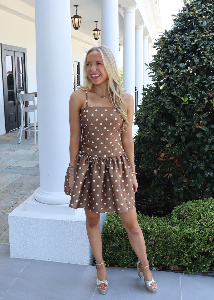 French Connection Taffeta Polka Dot Dress - Cafe Brown/Porcelain Cream - Gabrielle's Biloxi