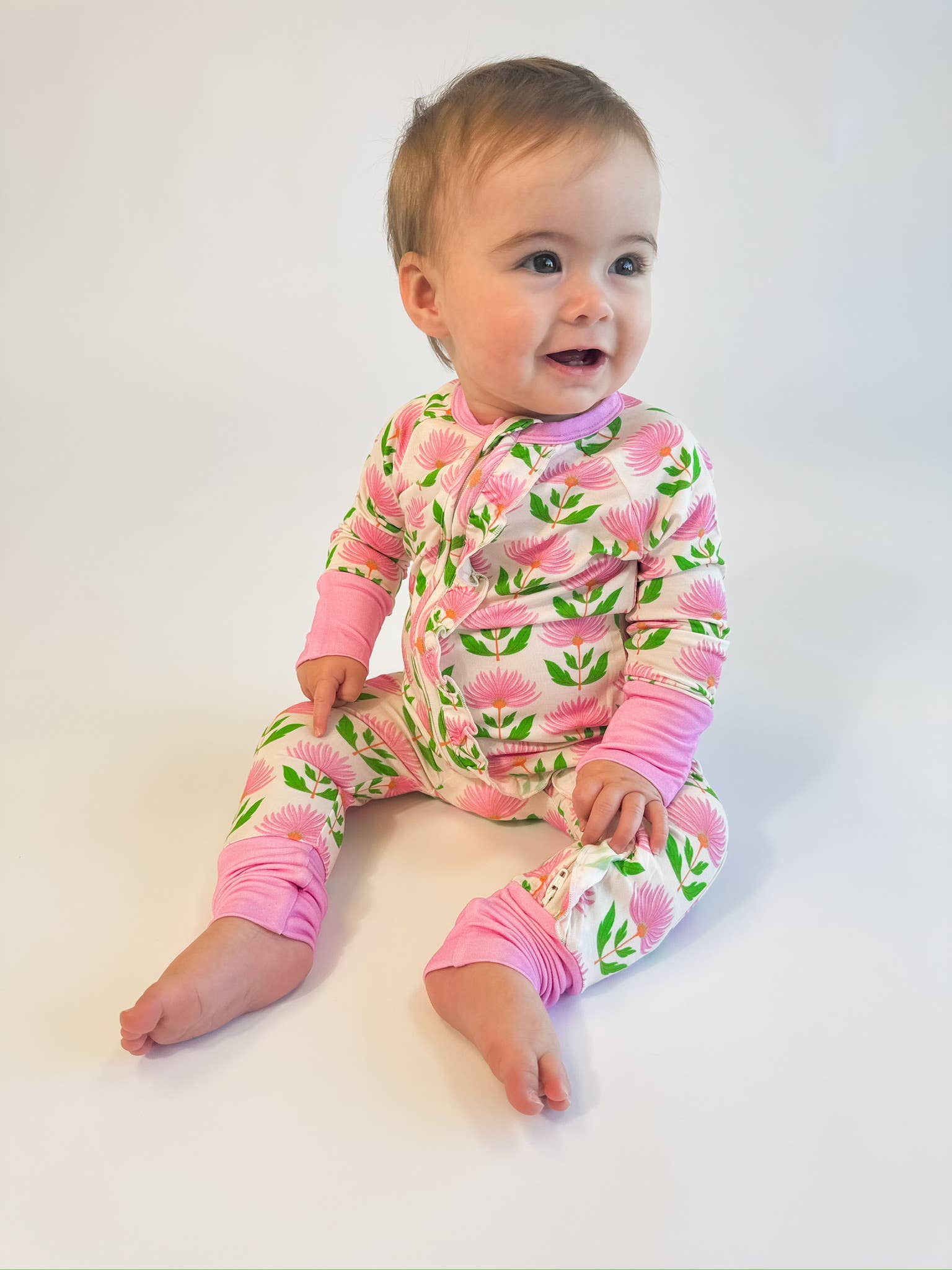 Pink Block Print Flowers - Convertible Zip Pajamas w/ Ruffle - Gabrielle's Biloxi