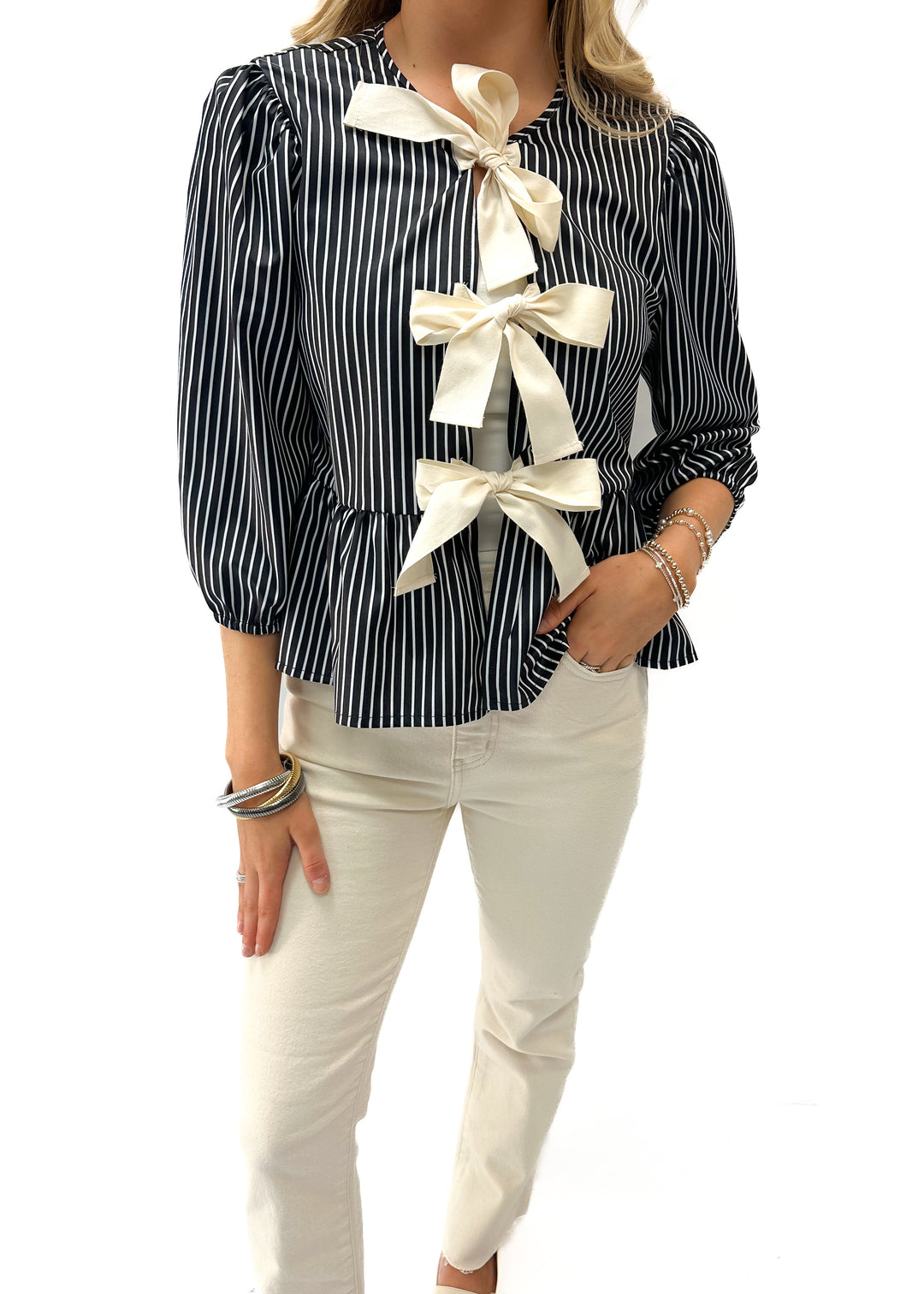 Striped Bow Baby Doll Blouse - Gabrielle's Biloxi