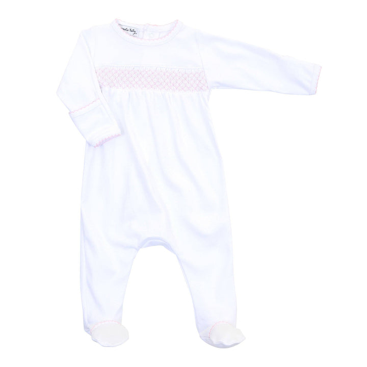 Essentials White with Pink Trim Smocked Footie - Gabrielle's Biloxi