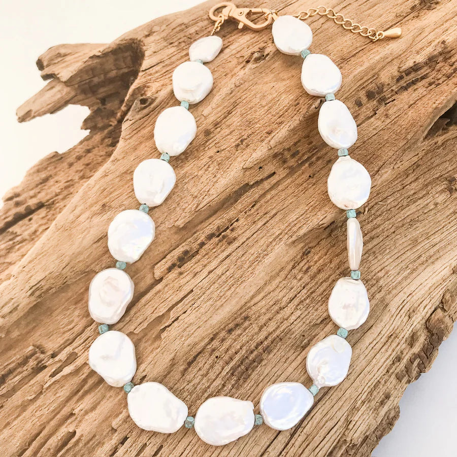 Virtue Coin Pearl Necklace - White/Turquoise - Gabrielle's Biloxi