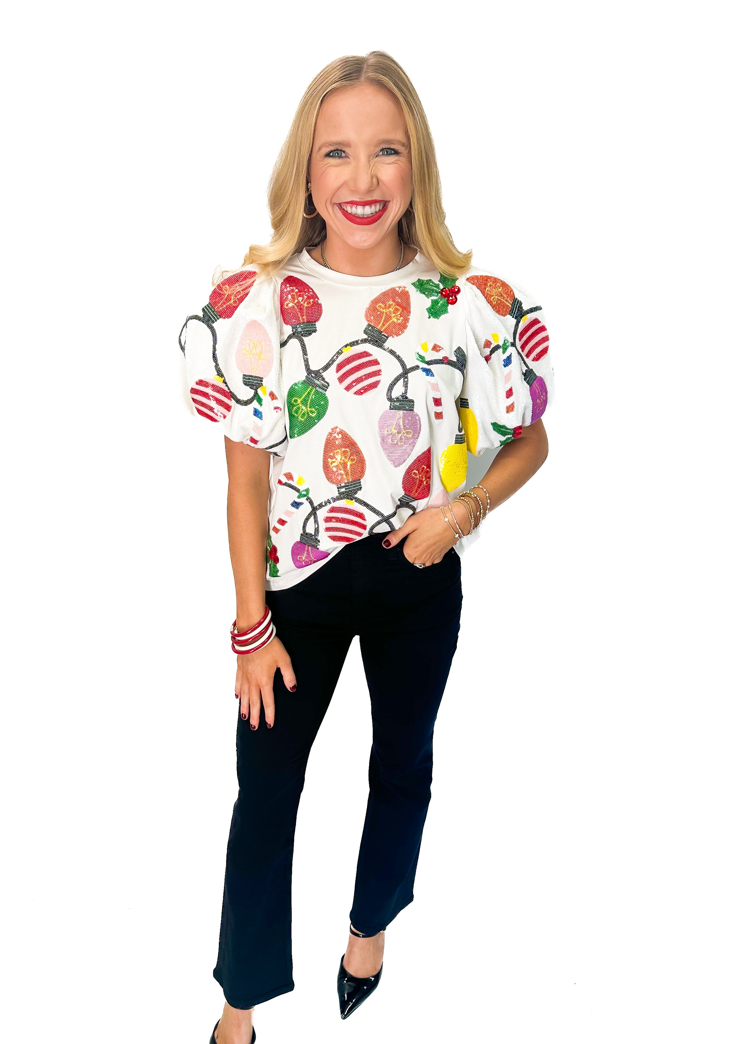 Queen of Sparkles White Christmas Lights Tee - White - Gabrielle's Biloxi