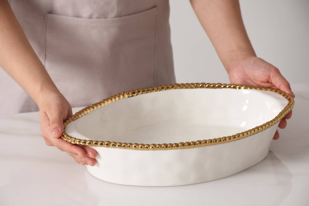 Pampa Bay Oval Baking Dish - White & Gold - Gabrielle's Biloxi
