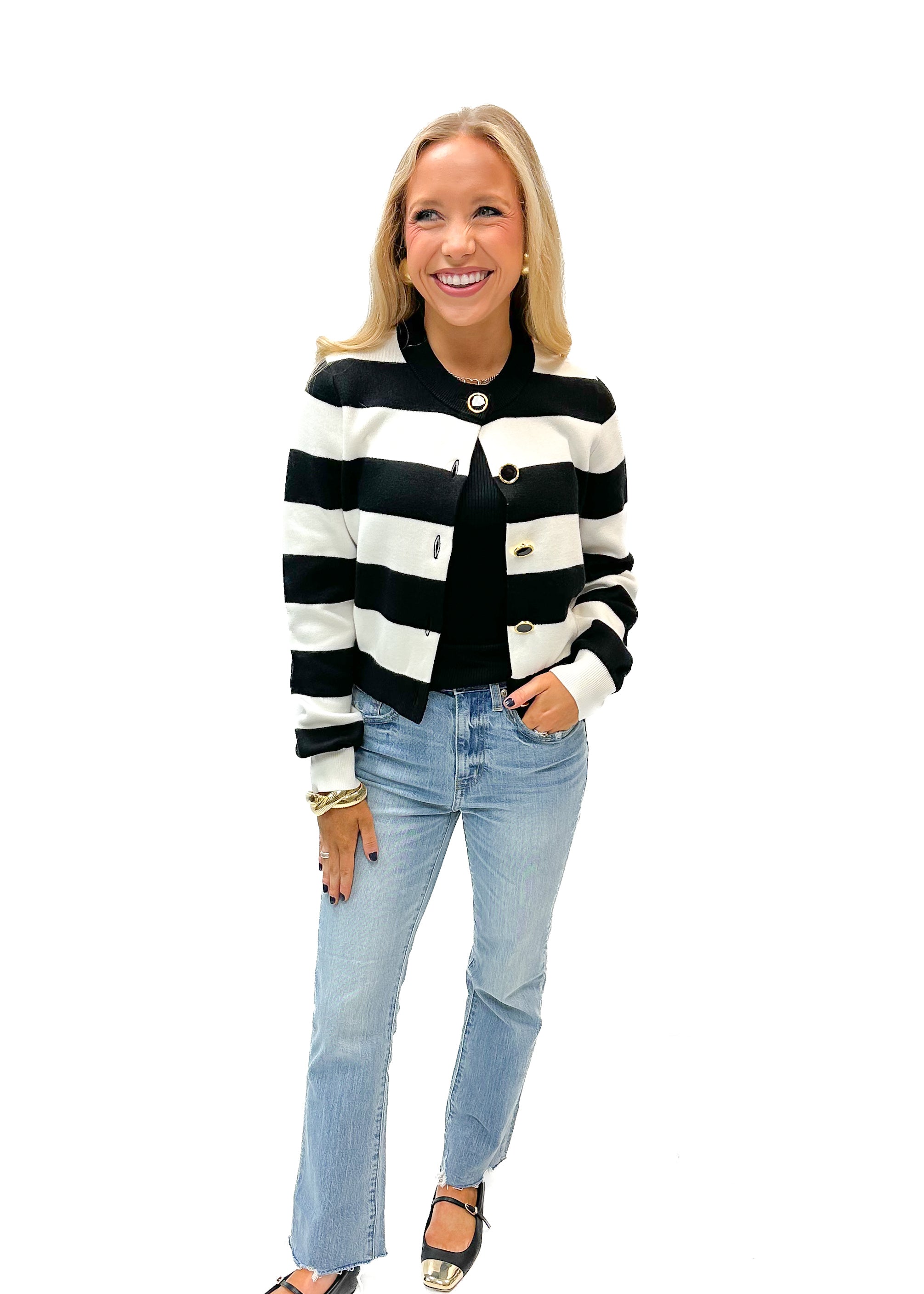 French Connection Nyrobi Stripe Cardigan - Black /Porcelain - Gabrielle's Biloxi