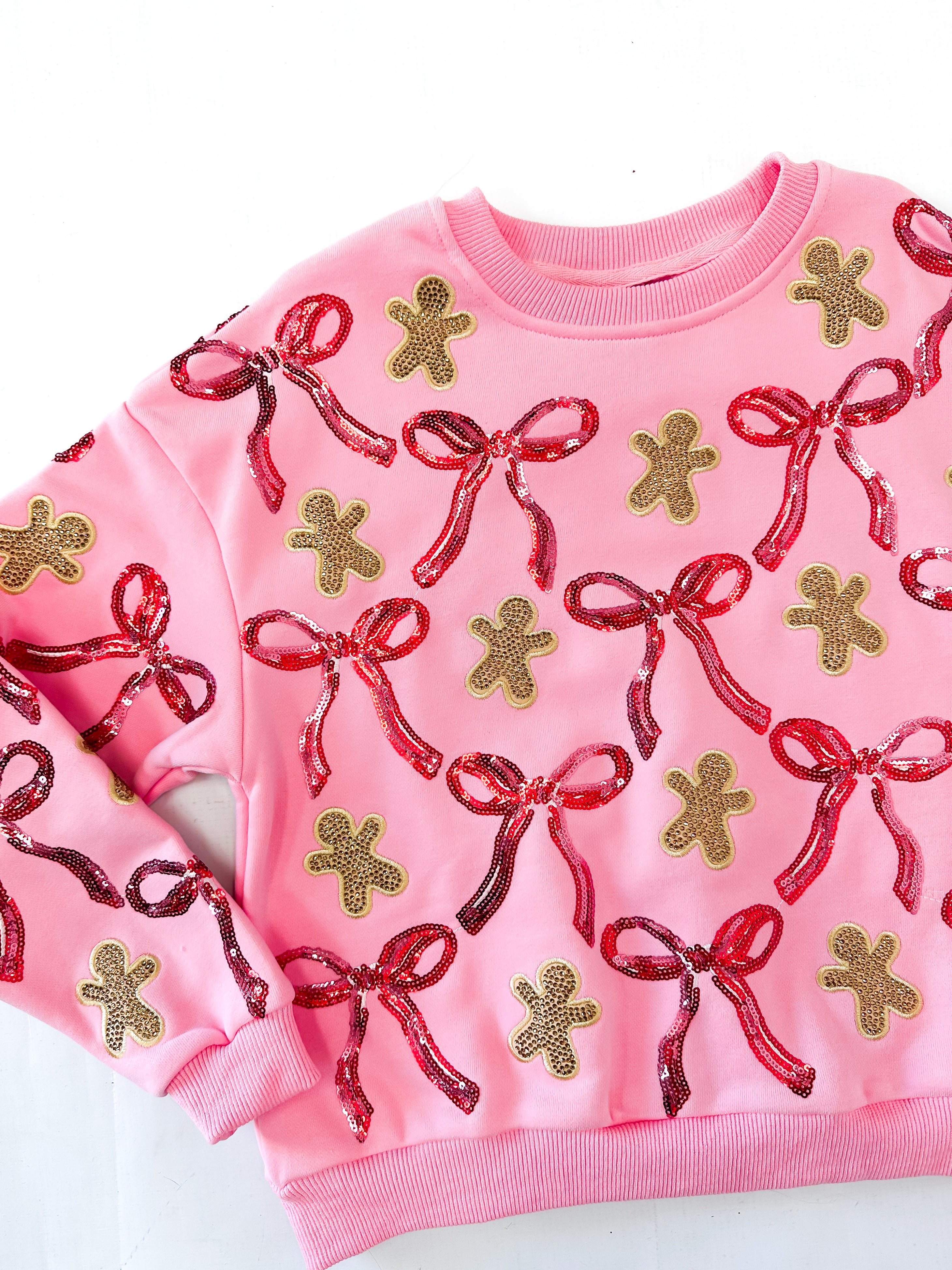 Queen of Sparkles Kids Light Pink Gingerbread Men & Bows Sweatshirt - Light Pink - Gabrielle's Biloxi