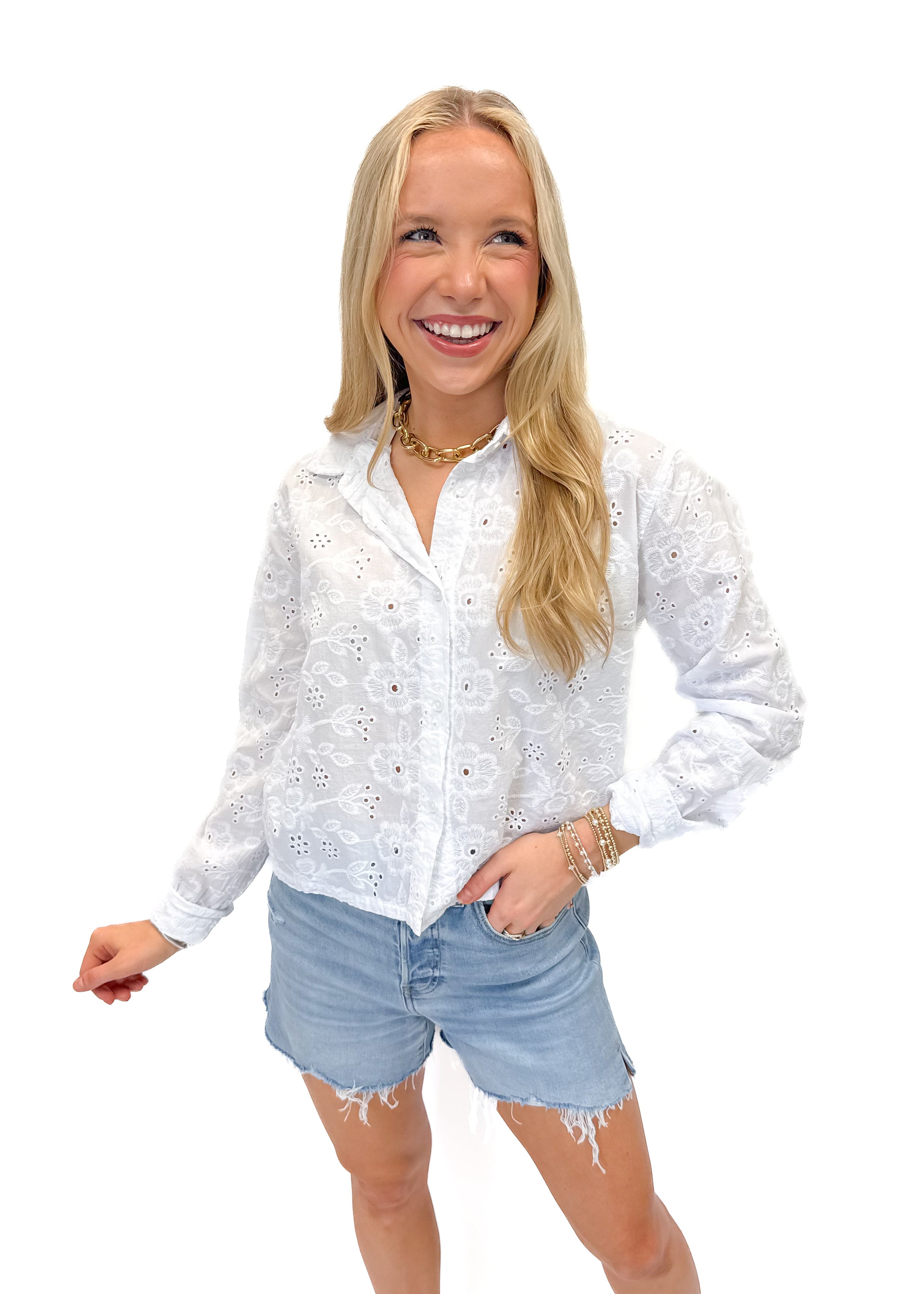 Bobi Cropped Button Front L/S Top - White - Gabrielle's Biloxi