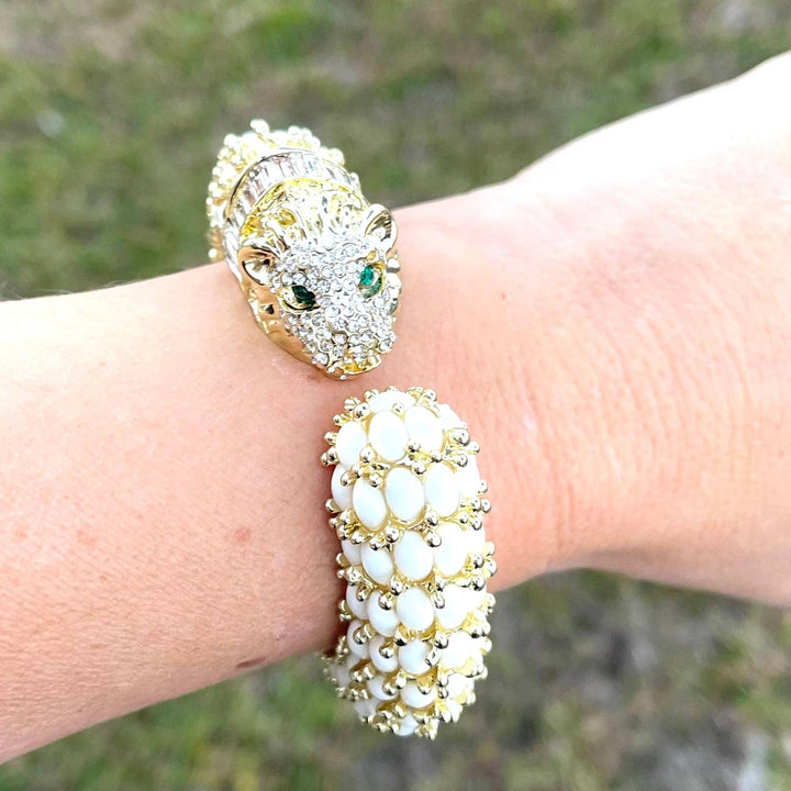 Beaded Leopard Hinged Bracelet in White - Gabrielle's Biloxi