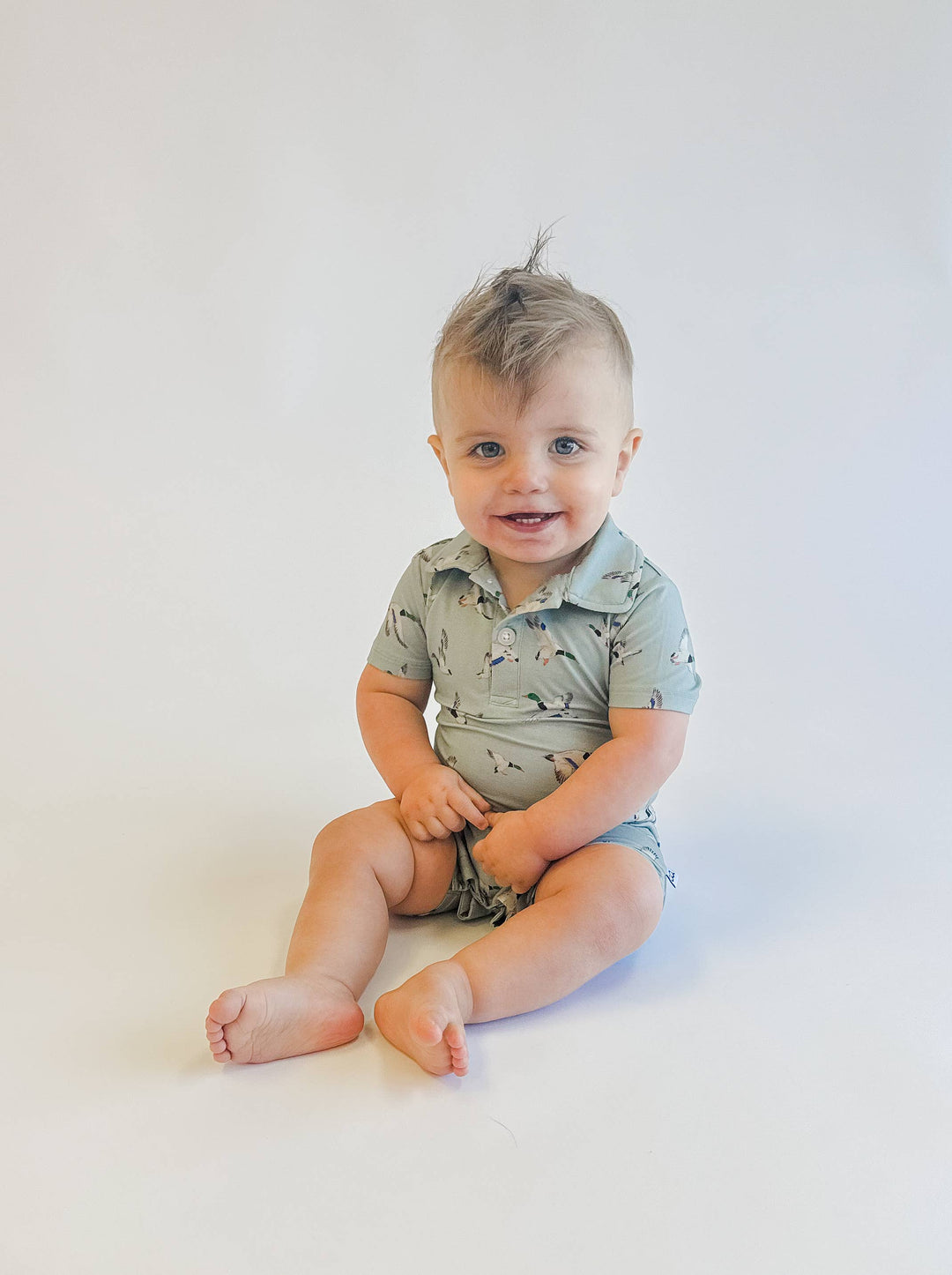 Sort Sleeve Polo Romper - Mallard Ducks - Gabrielle's Biloxi
