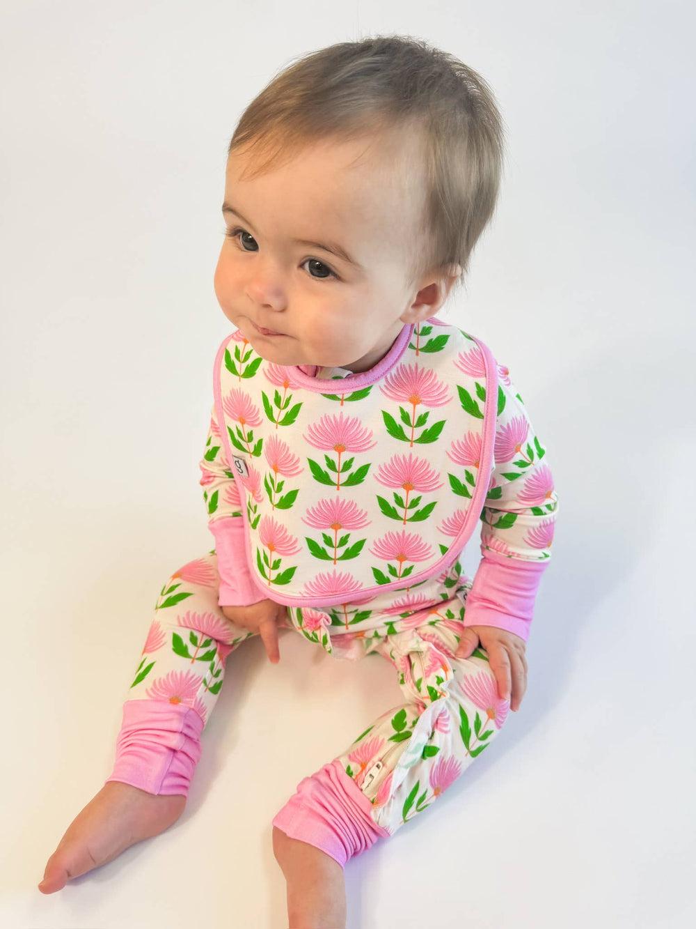 Pink Block Print Flowers - Bib Set - Gabrielle's Biloxi