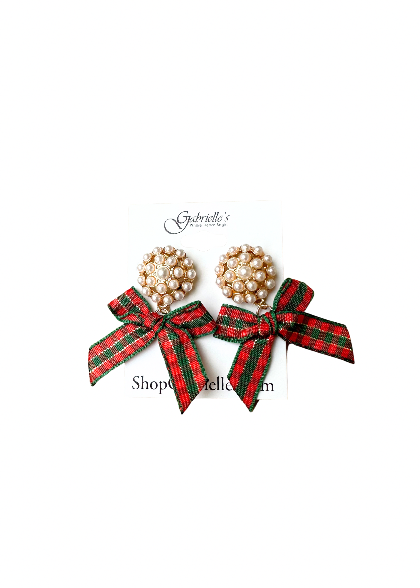 Christmas Plaid Pearl Bow Earrings - Gabrielle's Biloxi