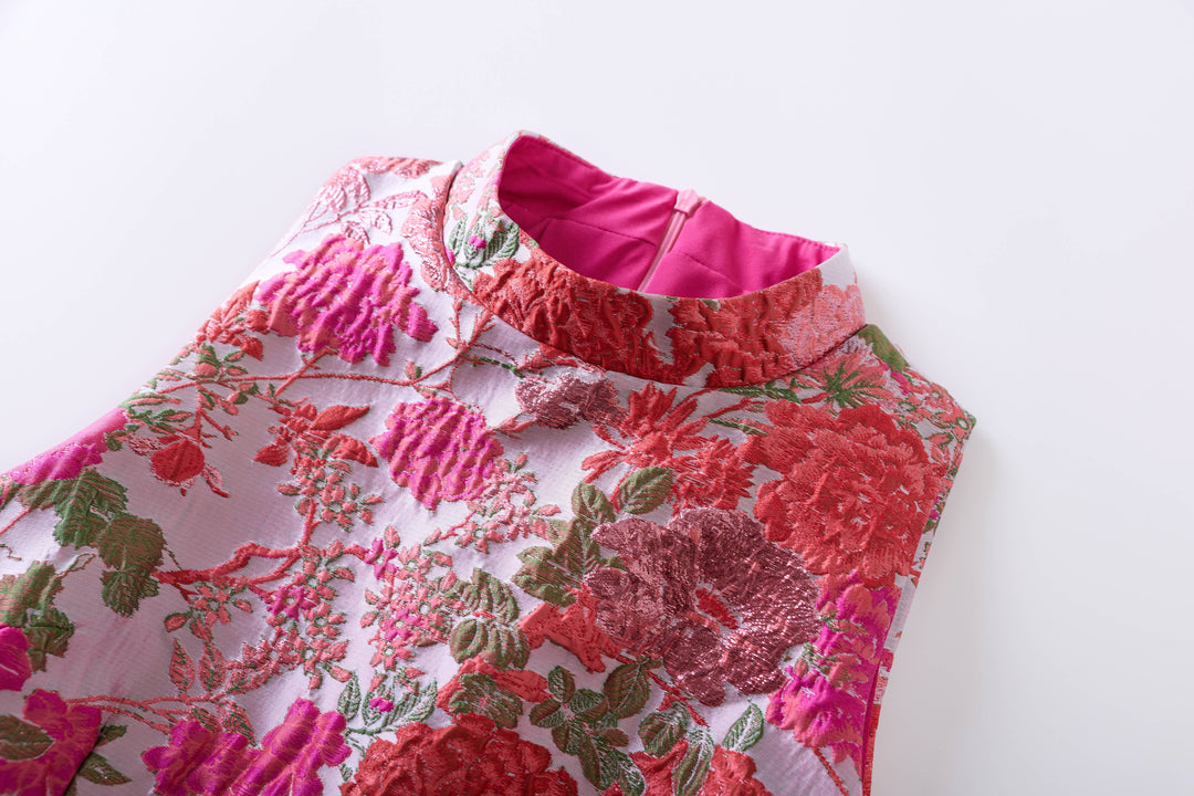 Elegant Floral Jacquard Embroidered Mini Dress - Pink