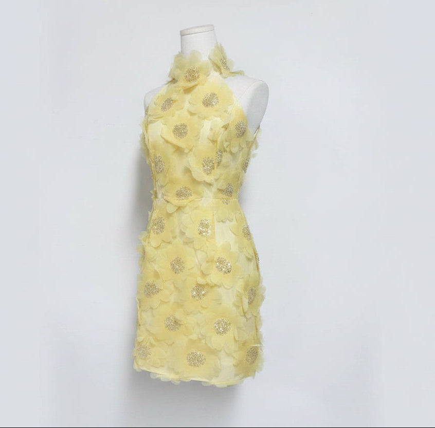 DR751Y Retro Halter Sequin Dress with 3D Flowers & Open Back - Gabrielle's Biloxi