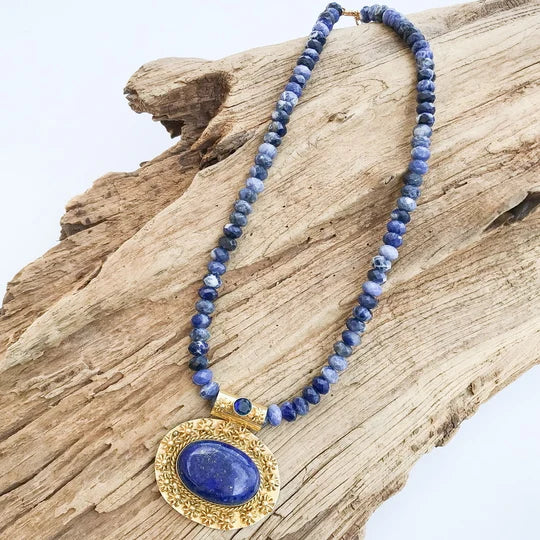 Virtue Gemstone Pendant on Rondelle Necklace - Sodalite/Lapis - Gabrielle's Biloxi