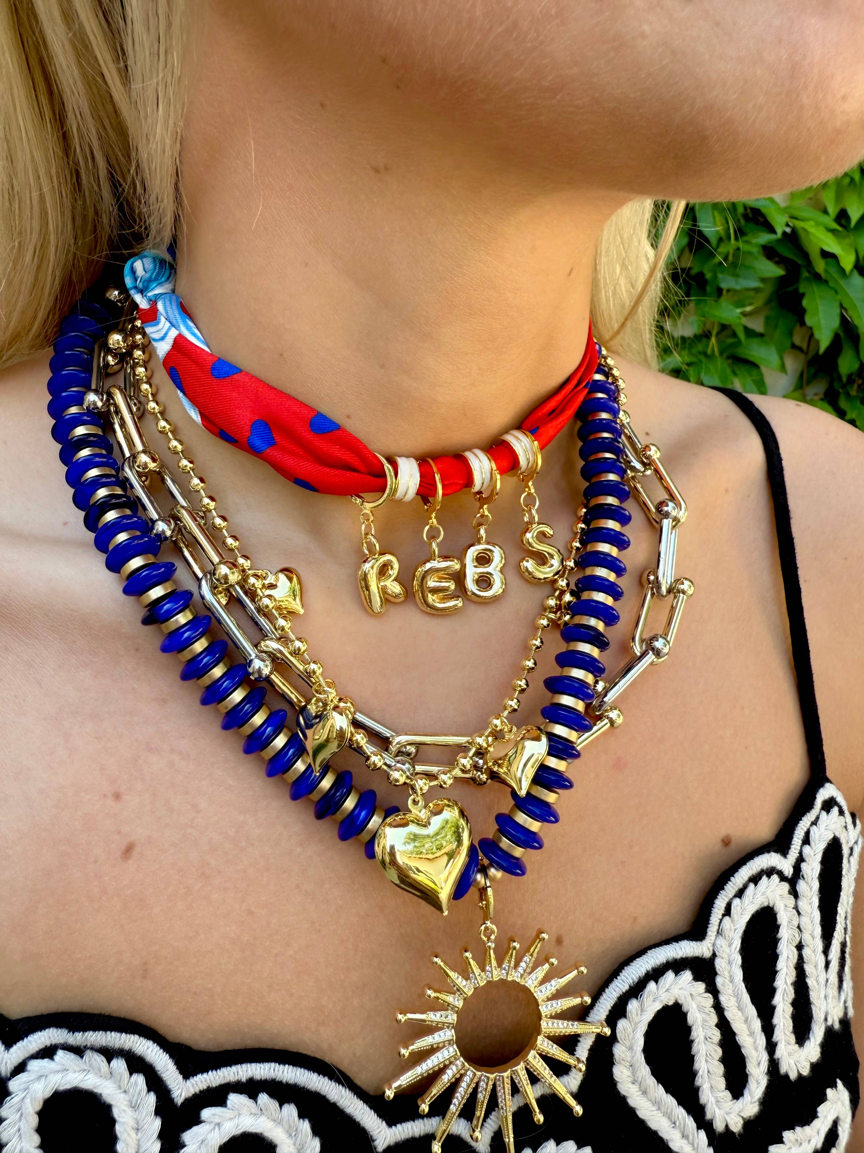 Red and Blue Bubble Letter Scarf Necklace 