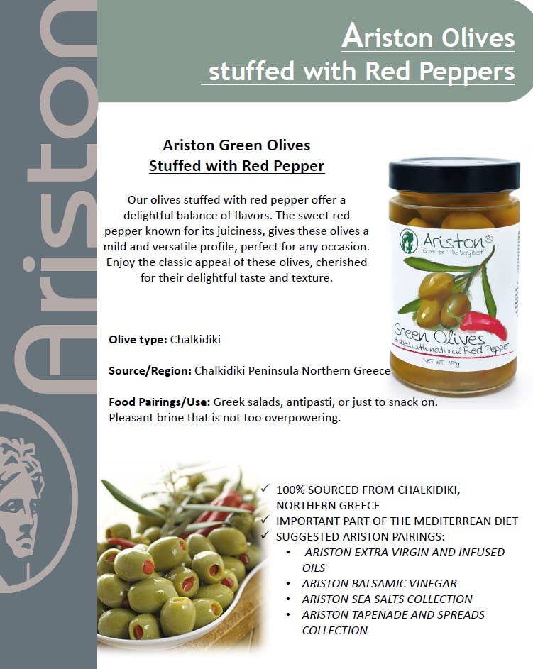 Ariston Green Olives Stuffed Pepper -13.40oz (Sweet peppers) - Gabrielle's Biloxi