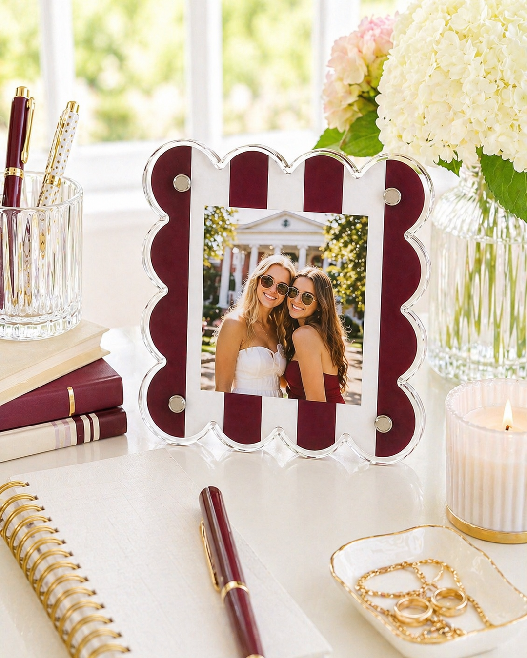 Maroon and White Striped Gameday Scalloped Acrylic Frame - Gabrielle's Biloxi