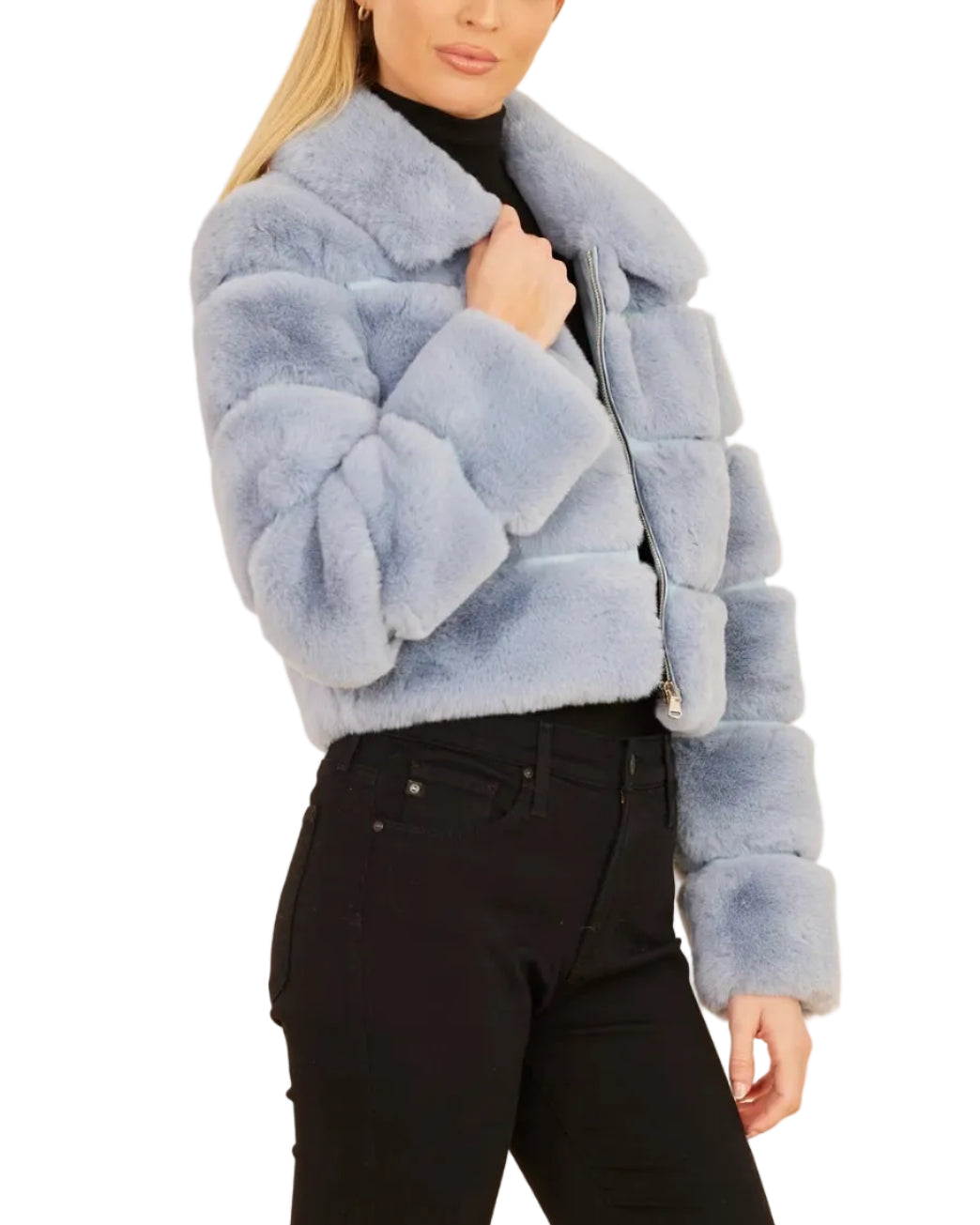 Dolce Cabo Faux Fur Cropped Jacket - Light Blue - Gabrielle's Biloxi
