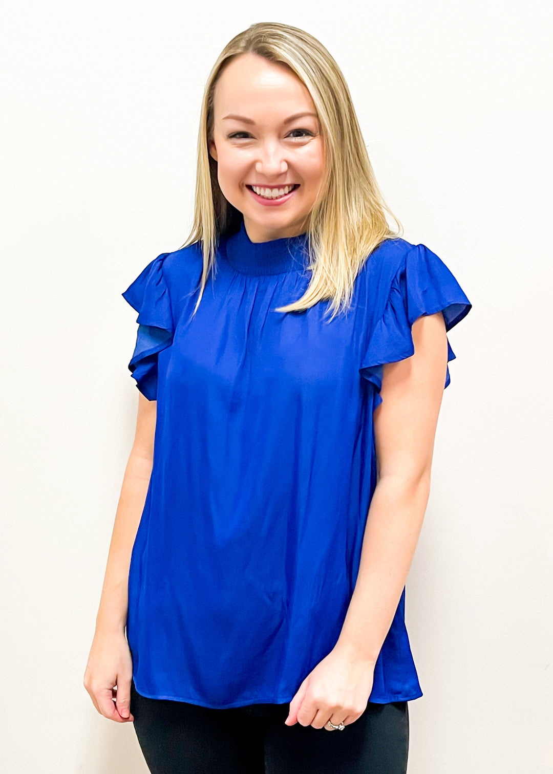 Smocked High Neck Ruffle Sleeve Top - Royal Blue - Gabrielle's Biloxi