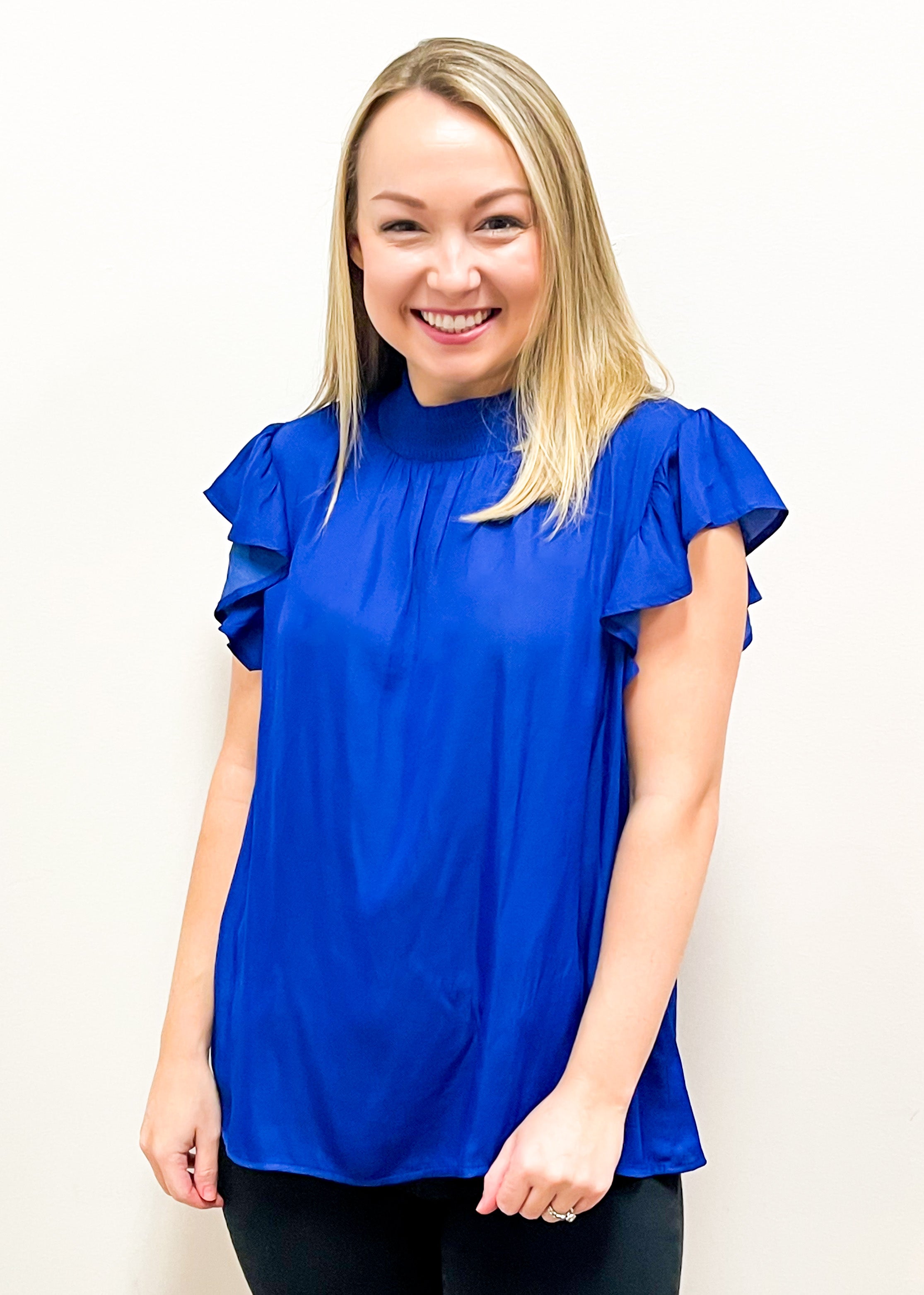 Smocked High Neck Ruffle Sleeve Top - Royal Blue - Gabrielle's Biloxi