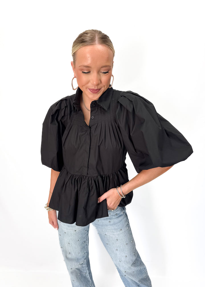 Meet Me in Santorini Poplin Blouse - Black - Gabrielle's Biloxi